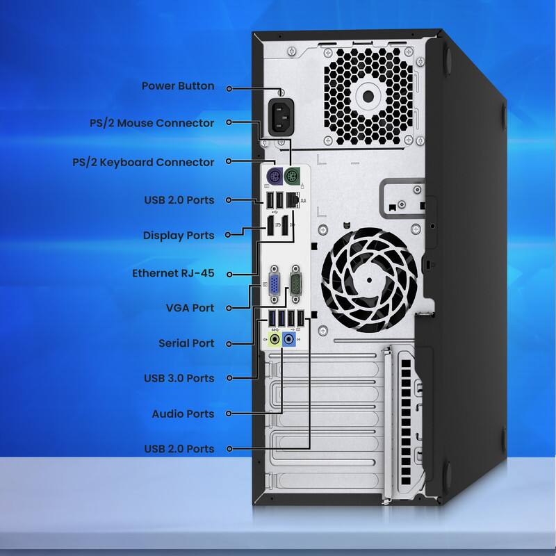 - Power Button
- PS/2 Mouse Connector
- PS/2 Keyboard Connector
- USB 2.0 Ports
- Display Ports
- Ethernet RJ-45
- VGA Port
- Serial Port
- USB 3.0 Ports
- Audio Ports
- USB 2.0 Ports