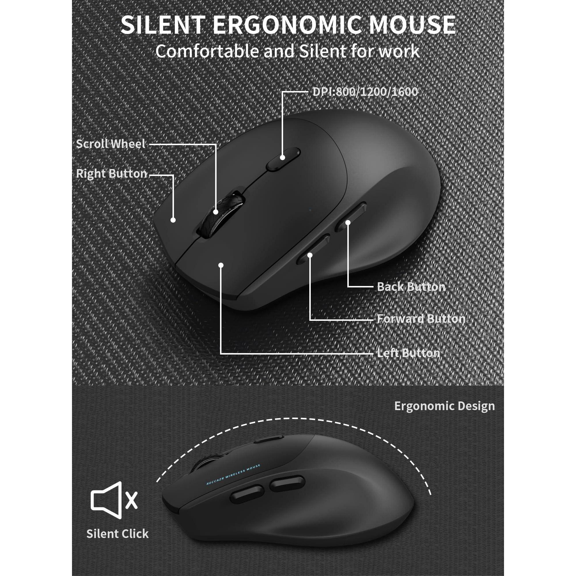 SILENT ERGONOMIC MOUSE  
Comfortable and Silent for work  

DPI: 800/1200/1600  

- Scroll Wheel  
- Right Button  
- Back Button  
- Forward Button  
- Left Button  

Ergonomic Design  

Silent Click