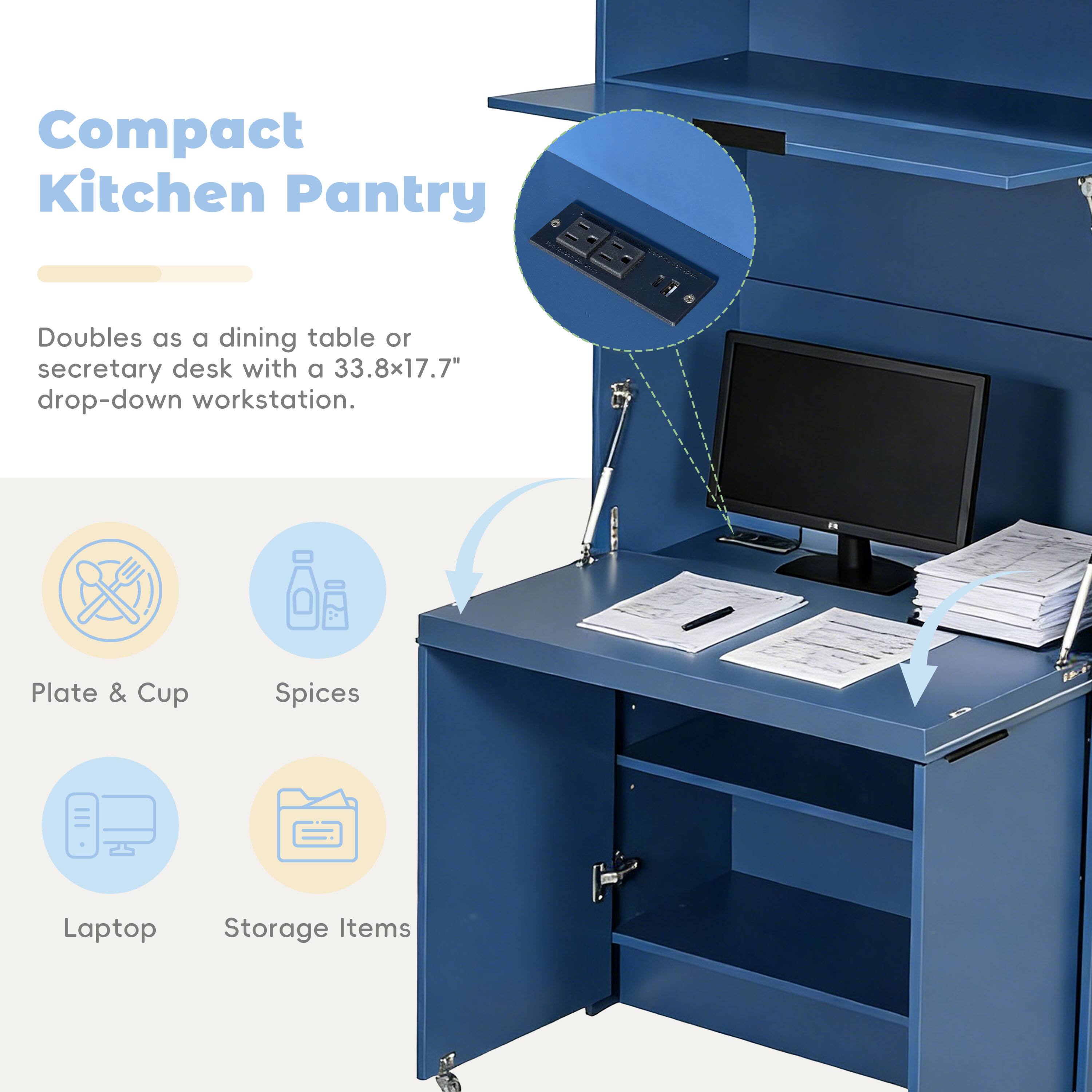 Compact Kitchen Pantry Doubles as a dining table or secretary desk with a 33.8x17.7" drop-down workstation. Plate & Cup Spices Laptop Storage Items