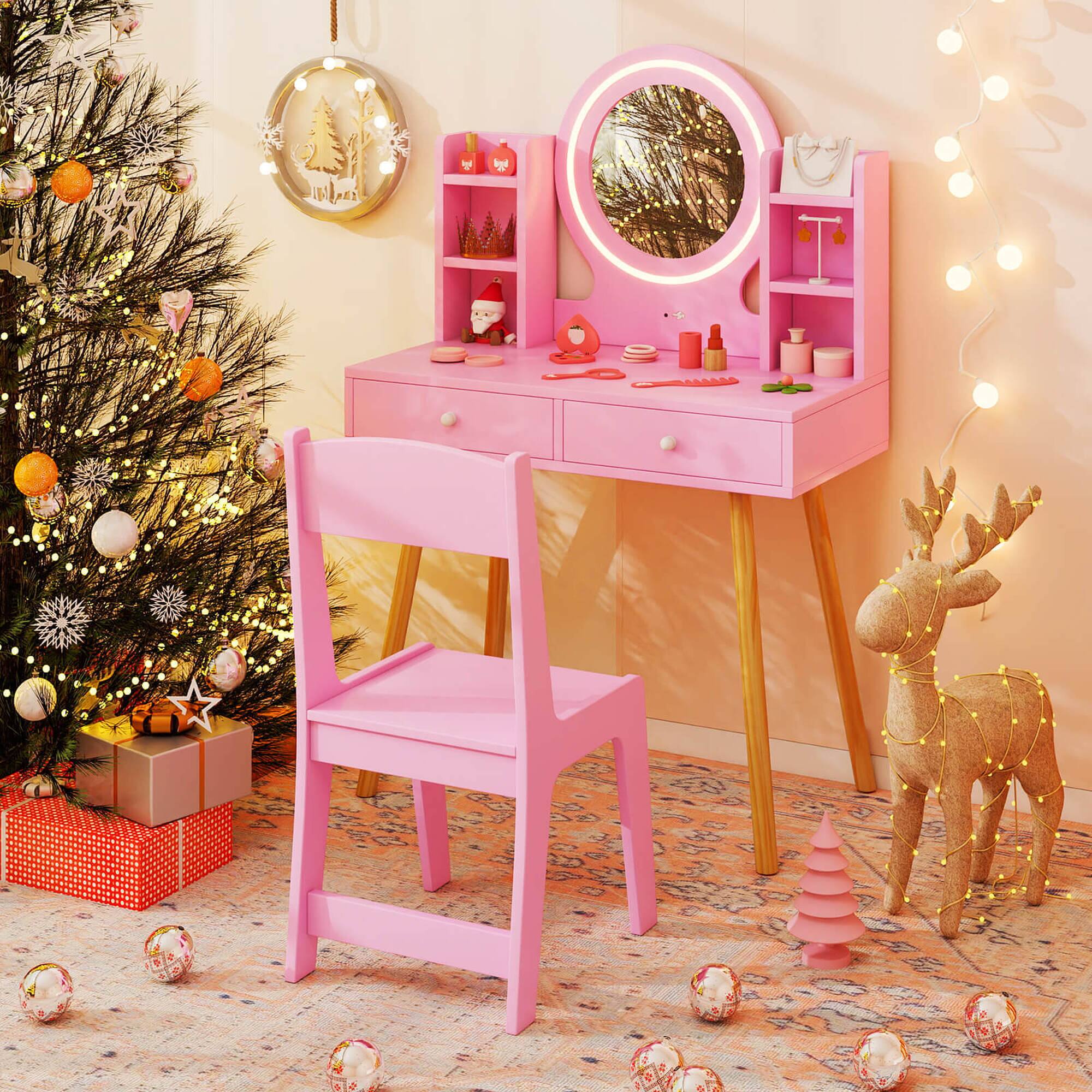 Alt View 4. Costway - Costway Kids Vanity Set Princess Vanity Desk Set with 2-Color LED Lighted Acrylic Mirror - Pink.