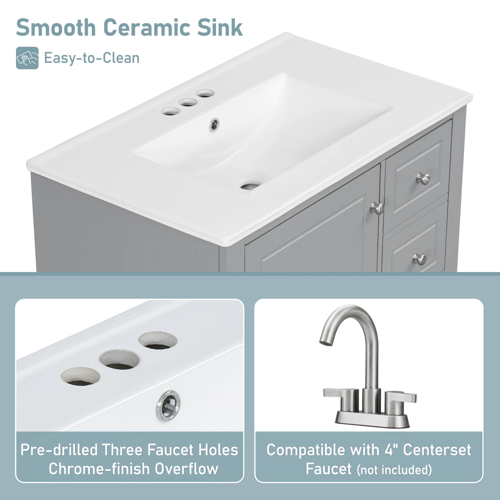 Smooth Ceramic Sink  
Easy-to-Clean  

Pre-drilled Three Faucet Holes  
Chrome-finish Overflow  

Compatible with 4" Centerset Faucet (not included)