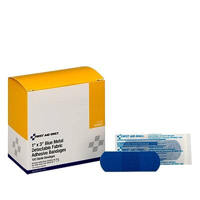 FIRST AID ONLY.  
1" x 3" Blue Metal Fabric Detectable Adhesive Bandages  
100 Sterile Bandages
