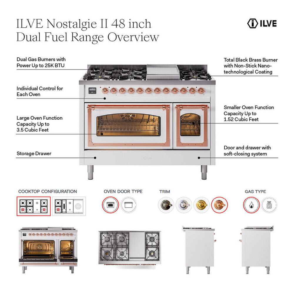 ILVE Nostalgie II 48 inch Dual Fuel Range Overview

- Dual Gas Burners with Power Up to 25K BTU
- Total Black Brass Burner with Non-Stick Nano-technological Coating
- Individual Control for Each Oven
- Large Oven Function Capacity Up to 3.5 Cubic Feet
- Smaller Oven Function Capacity Up to 1.52 Cubic Feet
- Storage Drawer
- Door and drawer with soft-closing system

CONFIGURATION
- COOKTOP CONFIGURATION
- OVEN DOOR TYPE
- TRIM
- GAS TYPE