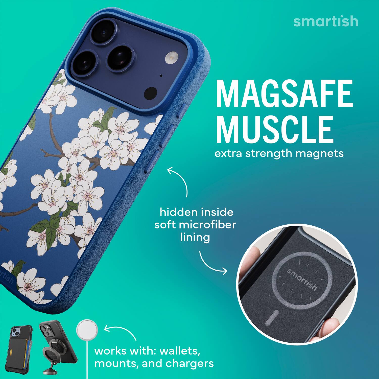 smartish MAGSAFE MUSCLE extra strength magnets hidden inside soft microfiber lining smartish works with: wallets, mounts, and chargers