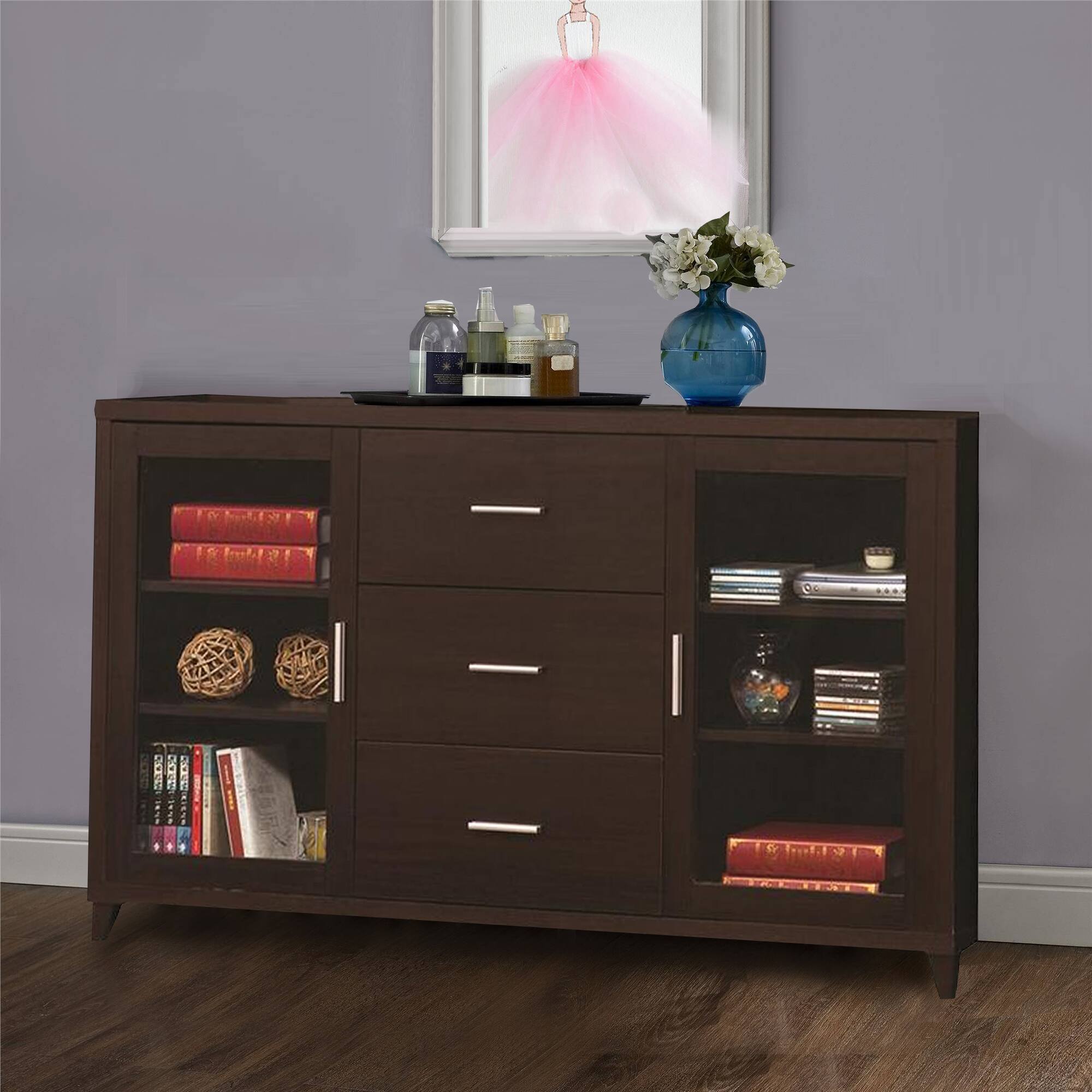 Alt View 5. Manhattan Lane - Modern & Minimal Style TV Console With Multi Shelves & Drawers - Brown.