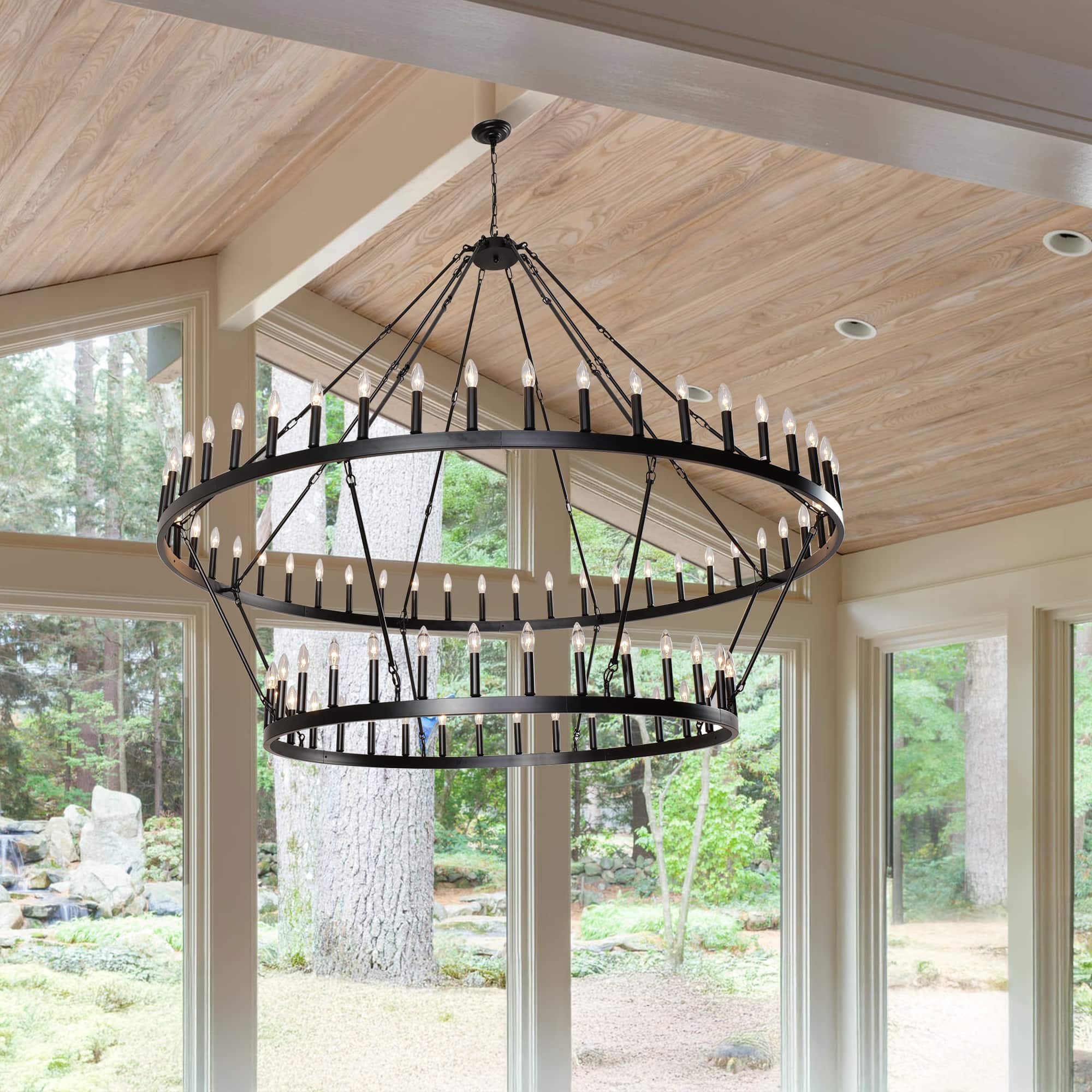 RYHNUYNE - Extra Large Wagon Wheel Chandelier 2 Tier 88-Lights Farmhouse Pendant Light Fixture Round Rustic Hanging Lighting - Black