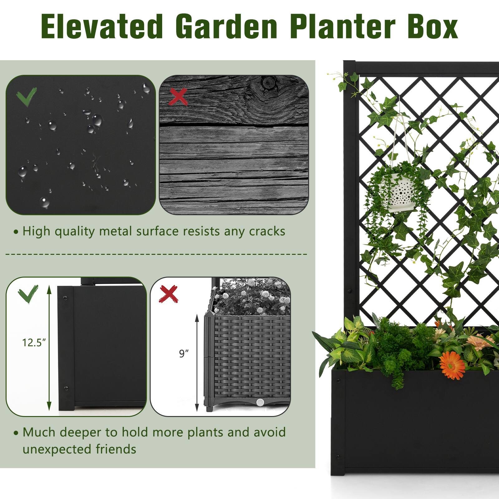 Elevated Garden Planter Box

- High quality metal surface resists any cracks
- Much deeper to hold more plants and avoid unexpected friends

12.5" vs 9"