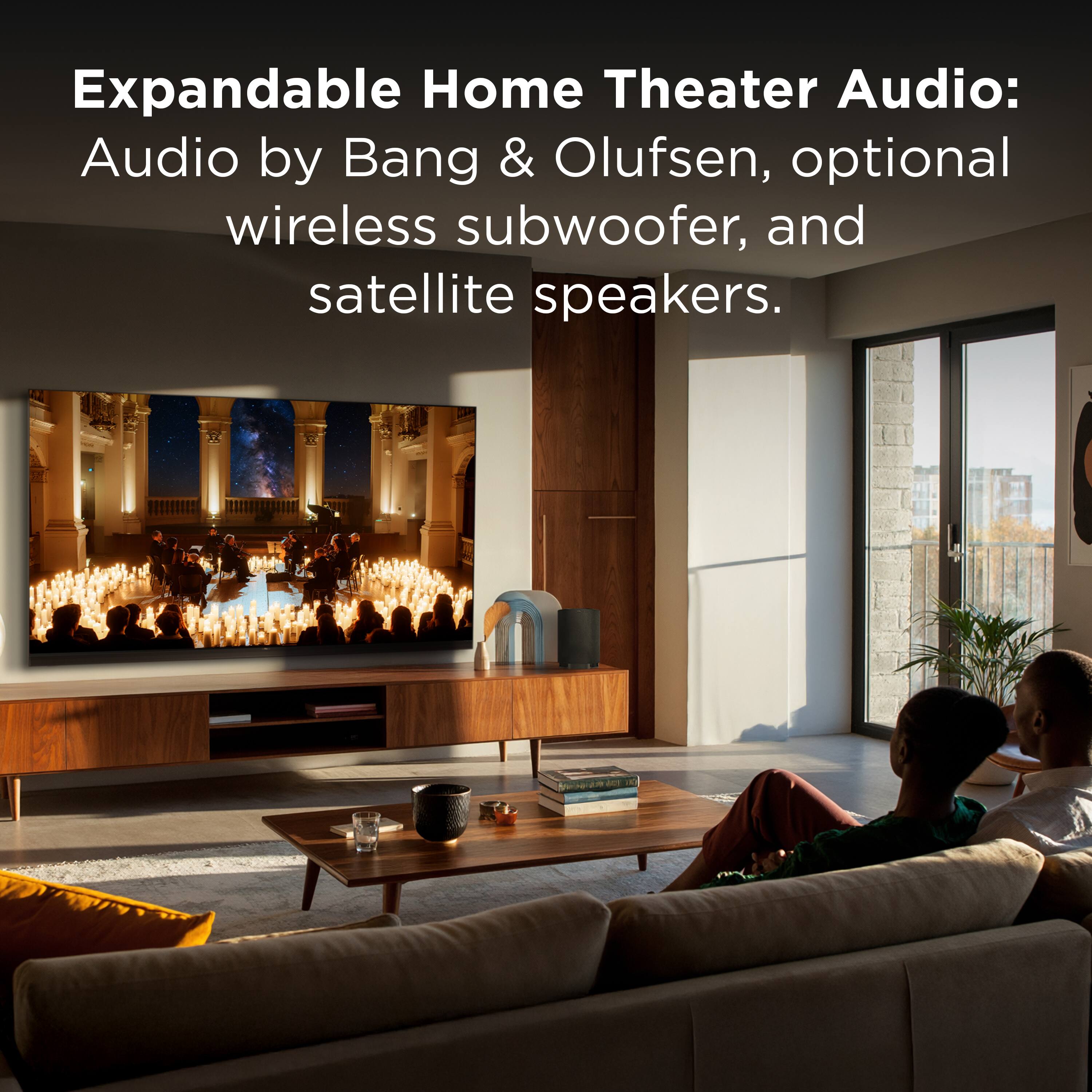Expandable Home Theater Audio: Audio by Bang & Olufsen, optional wireless subwoofer, and satellite speakers.