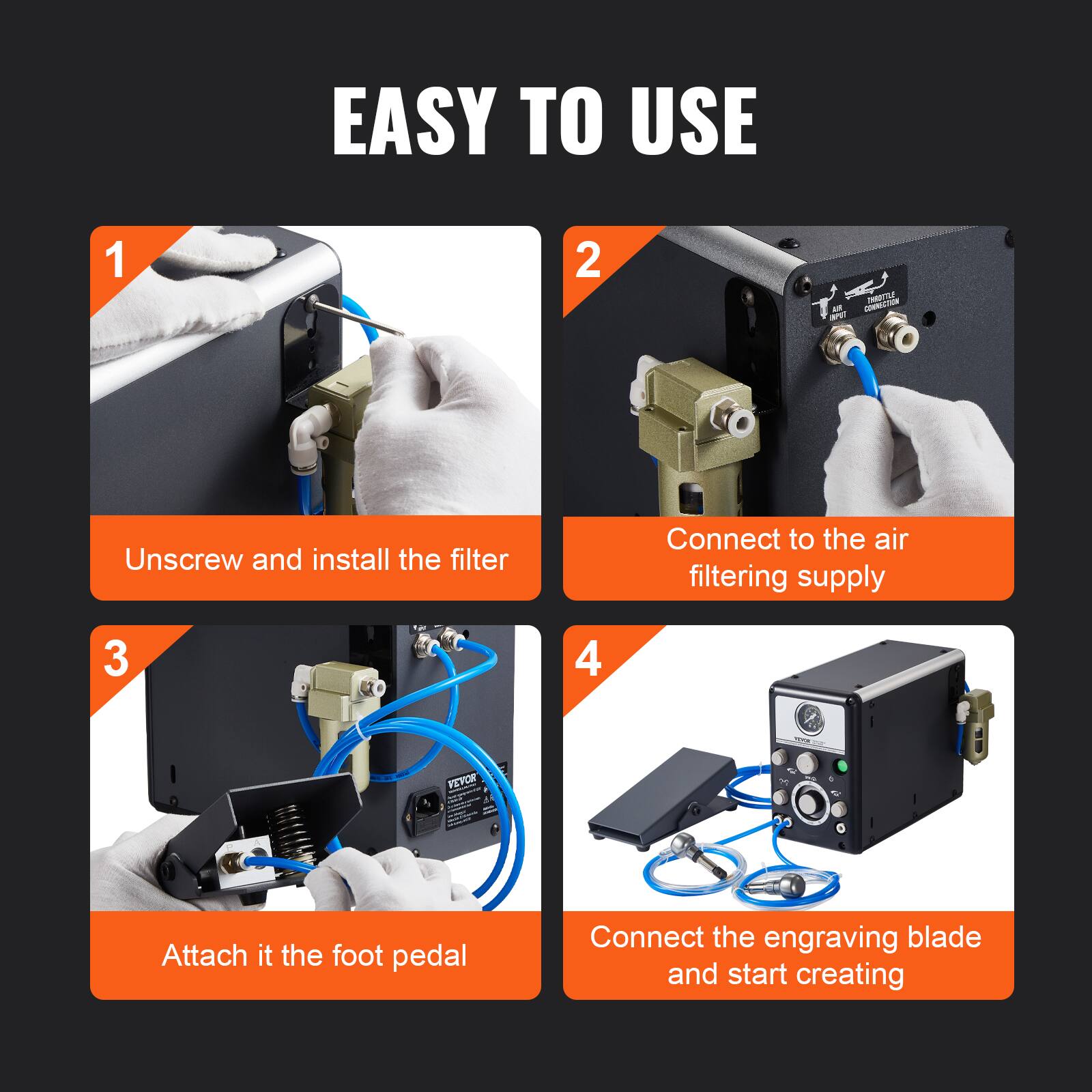 EASY TO USE

1. Unscrew and install the filter

2. Connect to the air filtering supply

3. Attach it to the foot pedal

4. Connect the engraving blade and start creating