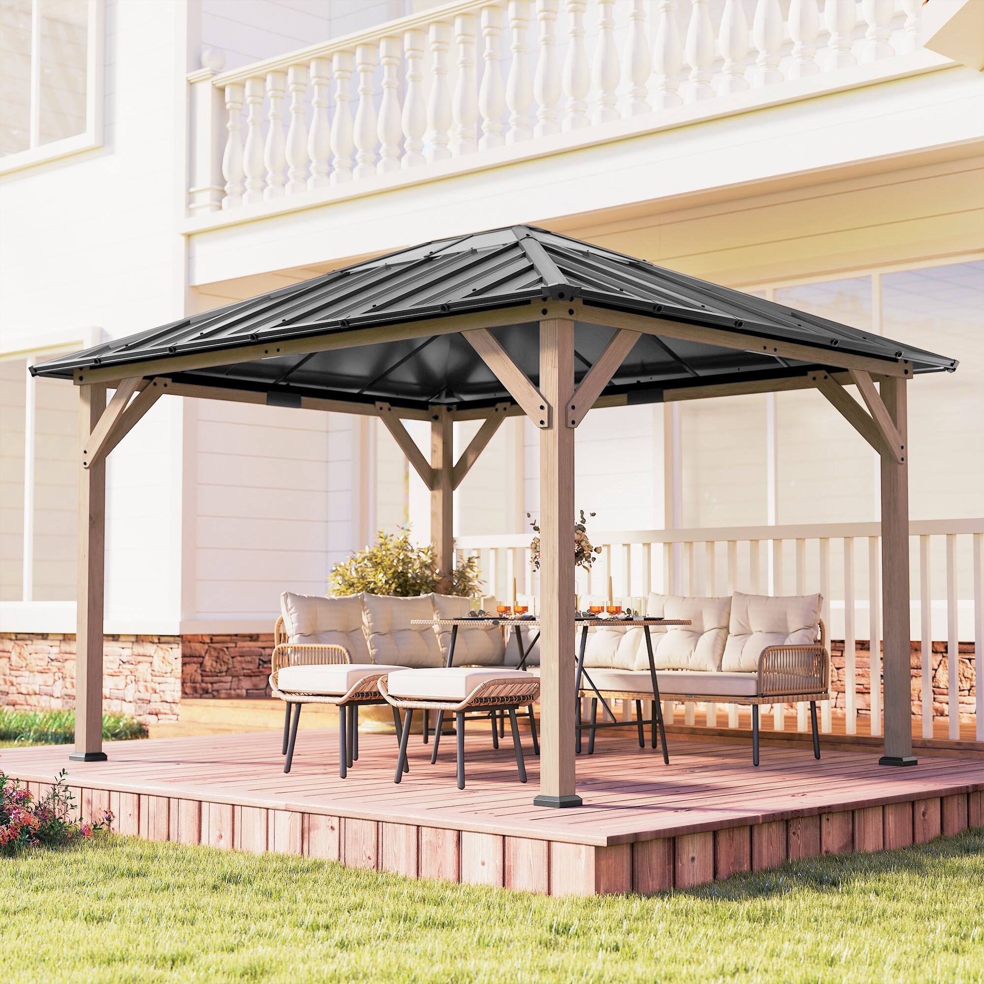 Alt View 8. Outsunny - x 12' Hardtop Gazebo with Galvanized Steel Roof, UPF50+ Wood Permanent Pavilion with Clear Roof Top.