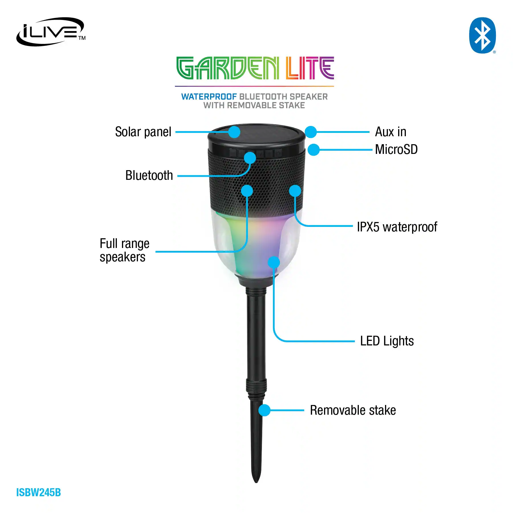 LIVE™ GARDEN LITE WATERPROOF BLUETOOTH SPEAKER WITH REMOVABLE STAKE

- Solar panel
- Bluetooth
- Full range speakers
- Aux in
- MicroSD
- IPX5 waterproof
- LED Lights
- Removable stake

ISBW245B