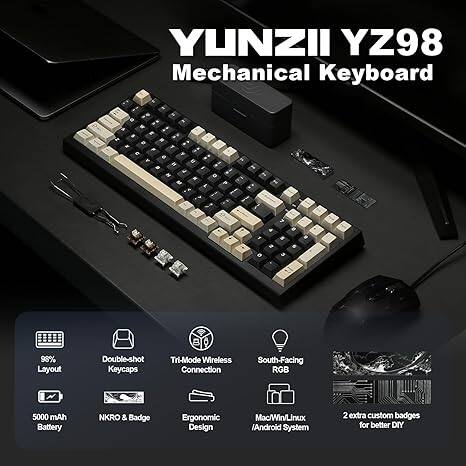 YUNZII YZ98 Mechanical Keyboard, 96% Layout, Double-shot Keycaps, Tri-Mode Wireless Connection, South-Facing RGB, 5000 mAh Battery, NKRO & Badge, Ergonomic Design, Mac/Win/Linux/Android System, 2 extra custom badges for better DIY.