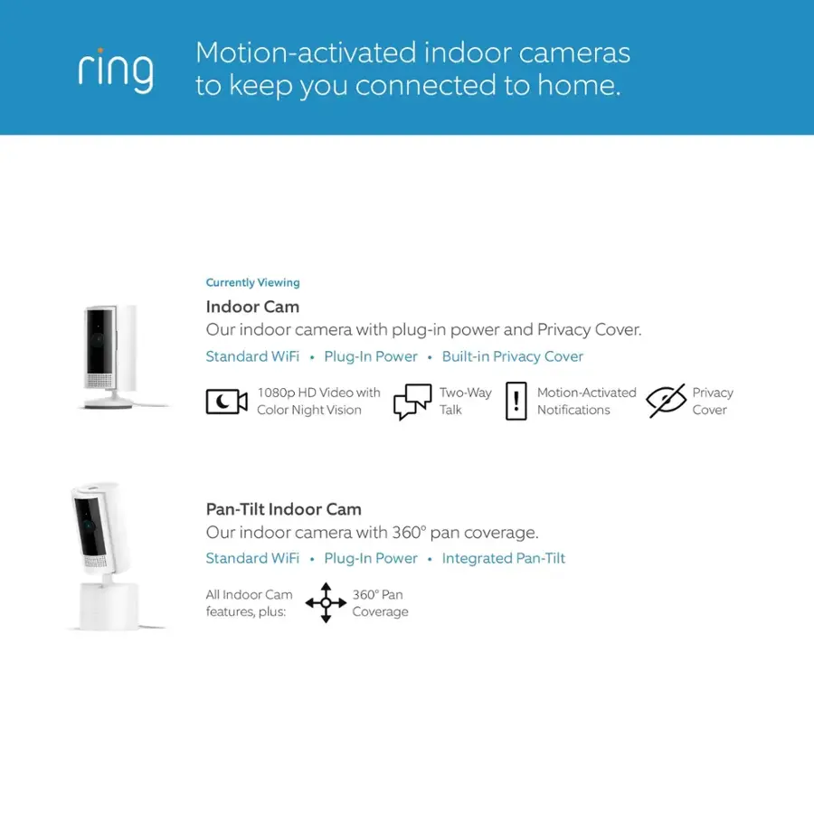 Motion-activated indoor cameras ring to keep you connected to home. Currently Viewing Indoor Cam: Our indoor camera with plug-in power and Privacy Cover. Standard WiFi Plug-In Power Built-in Privacy Cover 1080p HD Video with Color Night Vision Two-Way Talk Motion-Activated Notifications Pan-Tilt Indoor Cam: Our indoor camera with 360 pan coverage. Standard WiFi Plug-In Power Integrated Pan-Tilt All Indoor Cam features, plus: 360 Pan Coverage