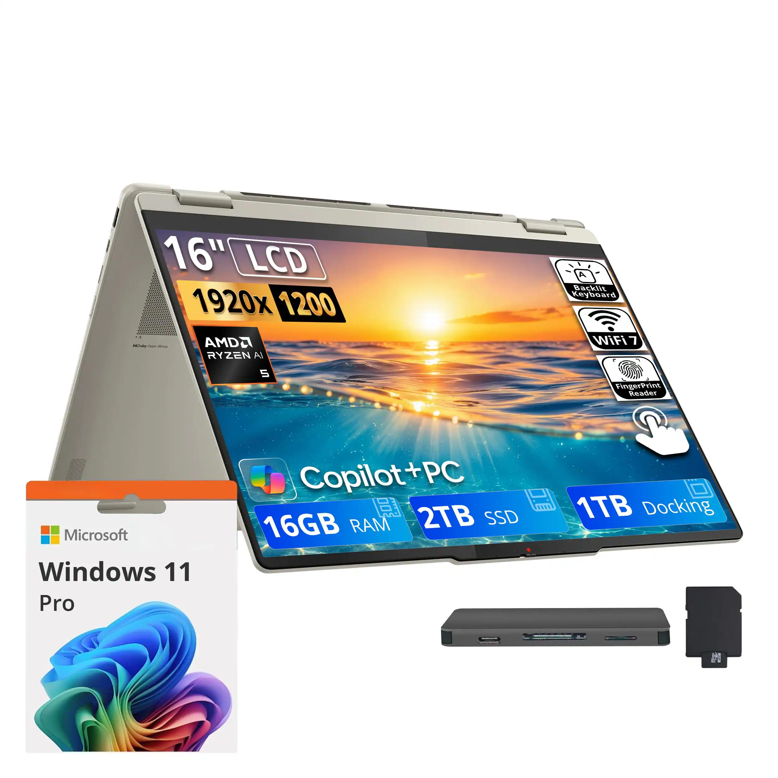 16" LCD 1920x1200 - AMD Ryzen 5 AI Backlit Keyboard WiFi7 5 Fingerprint Reader Microsoft Windows 11 Pro Copilot+PC - 8RO 16GB RAM 2TB SSD 1TB Docking