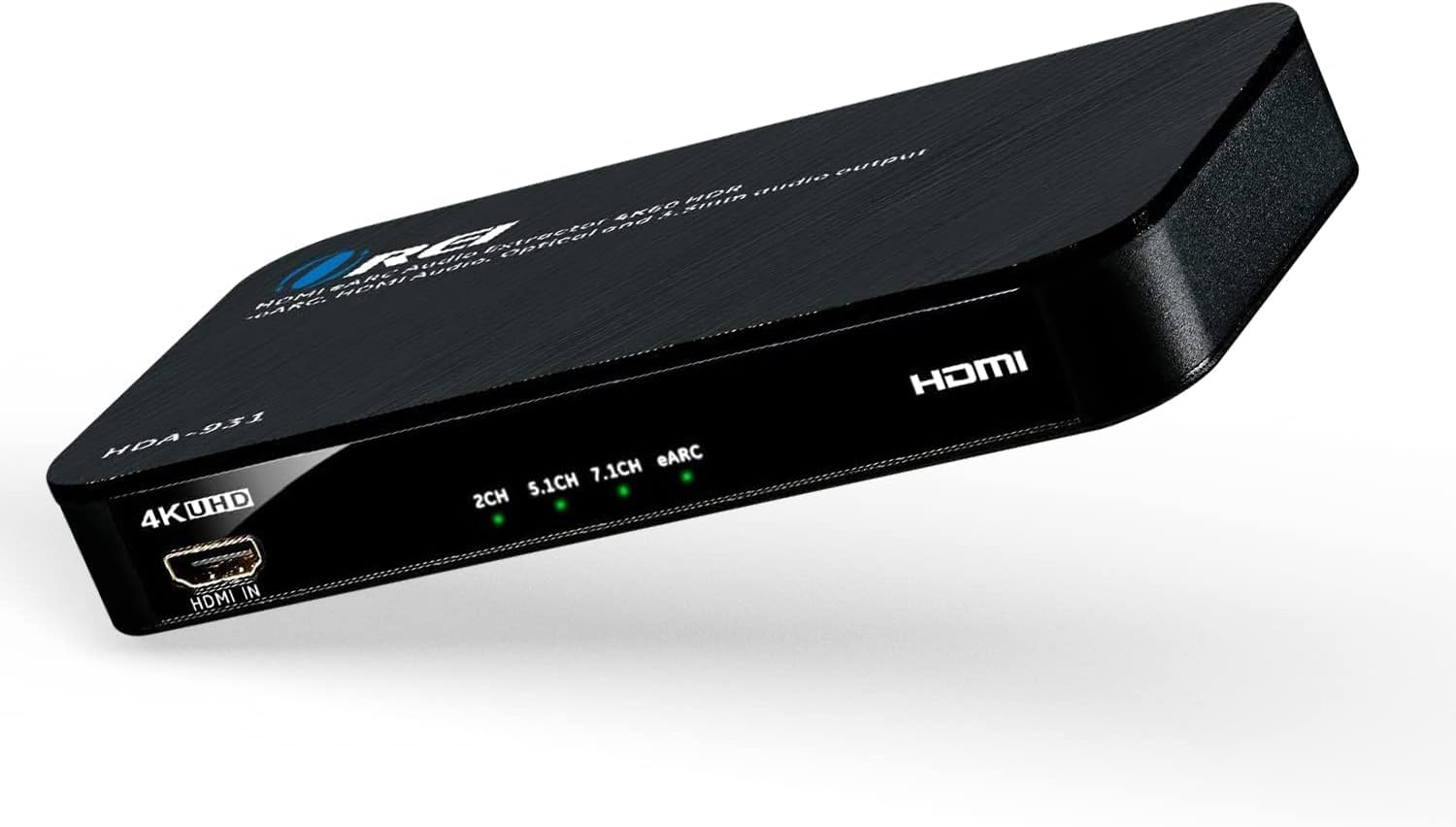 The corrected text is:

"Output: HDMI, AKSO, 5.8n, prieat, ae, Hud, HOMI, HDA-931, 931, HDA, eARC, 5.1CH, 7.1CH, UHD, 2CH, 4K, HDMI IN."