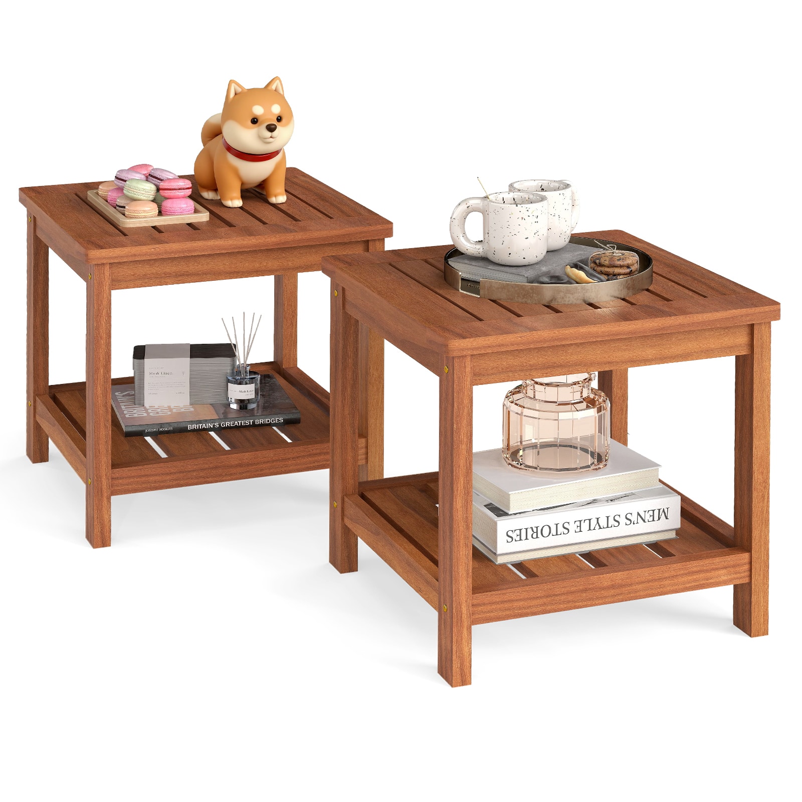 Gymax - 2PCS 2-Tier Adirondack Side Table w/ Slatted Tabletop Storage Shelf for Garden - Yellow