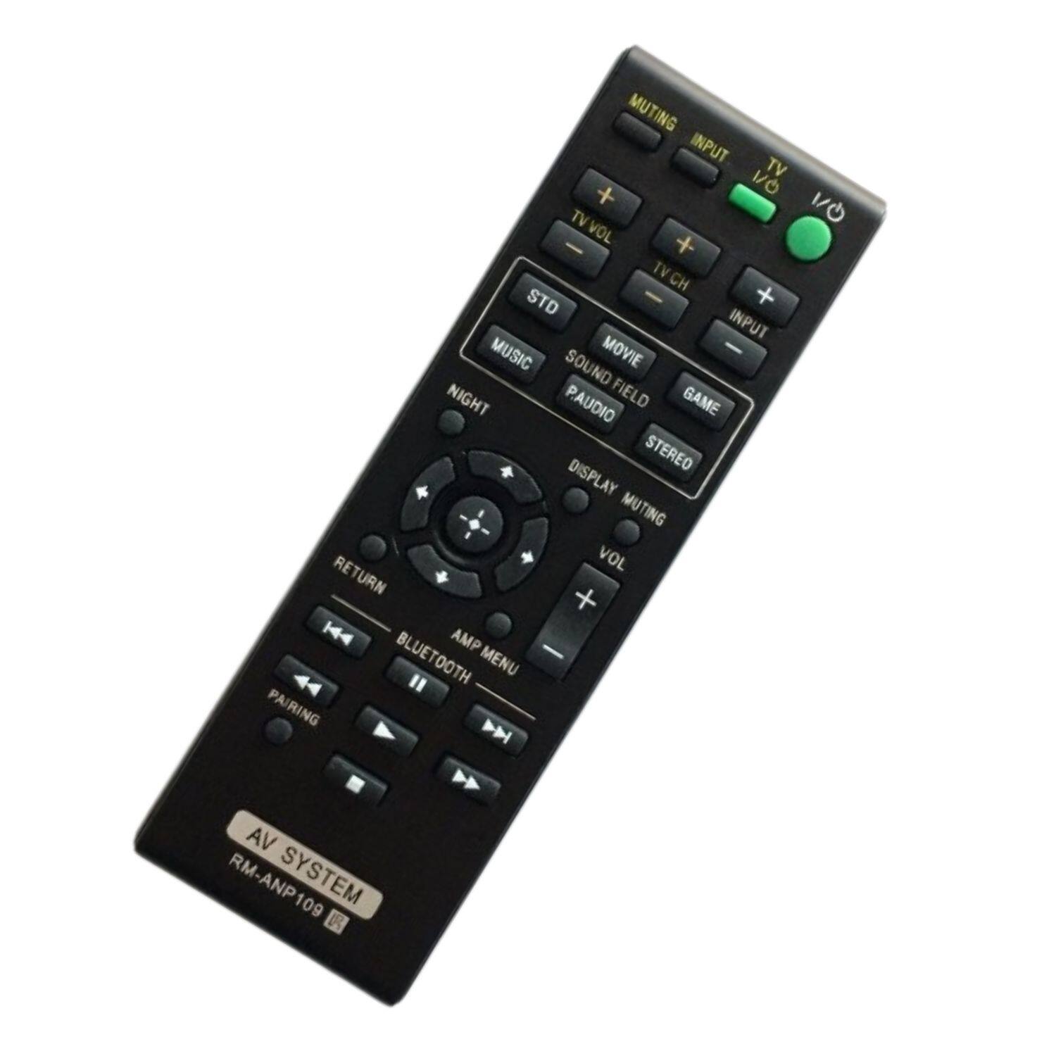 Sure, here is the corrected and grouped text from the image:

- **Top Section:**
  - MUTING
  - INPUT
  - TV
  - TV VOL + -
  - TV CH + -
  - STD
  - MOVIE
  - SOUND FIELD
  - PAUDIO
  - STEREO
  - DISPLAY
  - MUTING
  - VOL + -
  - RETURN
  - AMP MENU
  - BLUETOOTH
  - PAIRING
  - MENU
  - PAIRING
  - D VA
  - RM-ANP109
  - AV SYSTEM
  - RM-ANP109

- **Middle Section:**
  - NIGHT
  - MUSIC
  - GAME

- **Bottom Section:**
  - VOL + -
  - VOL + -
  - VOL + -
  - VOL + -
  - VOL + -
  - VOL + -
  - VOL + -
  - VOL + -
  - VOL + -
  - VOL + -
  - VOL + -
  - VOL + -
  - VOL + -
  - VOL + -
  - VOL + -
  - VOL + -
  - VOL + -
  -