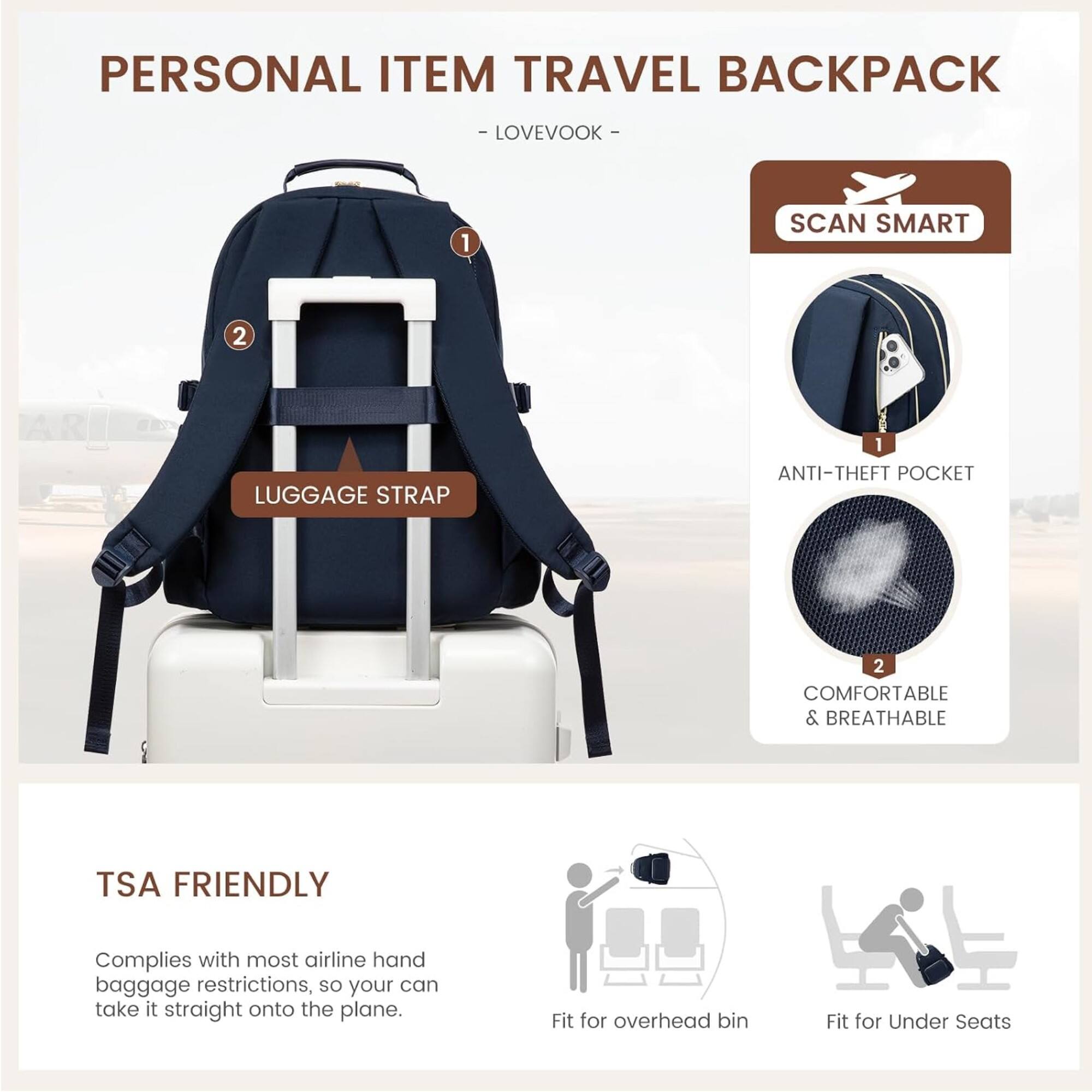 PERSONAL ITEM TRAVEL BACKPACK
- LOVEVOOK -

1. SCAN SMART
2. LUGGAGE STRAP

- 1 ANTI-THEFT POCKET
- 2 COMFORTABLE & BREATHABLE

TSA FRIENDLY
Complies with most airline hand baggage restrictions, so your can take it straight onto the plane.

- Fit for overhead bin
- Fit for Under Seats
