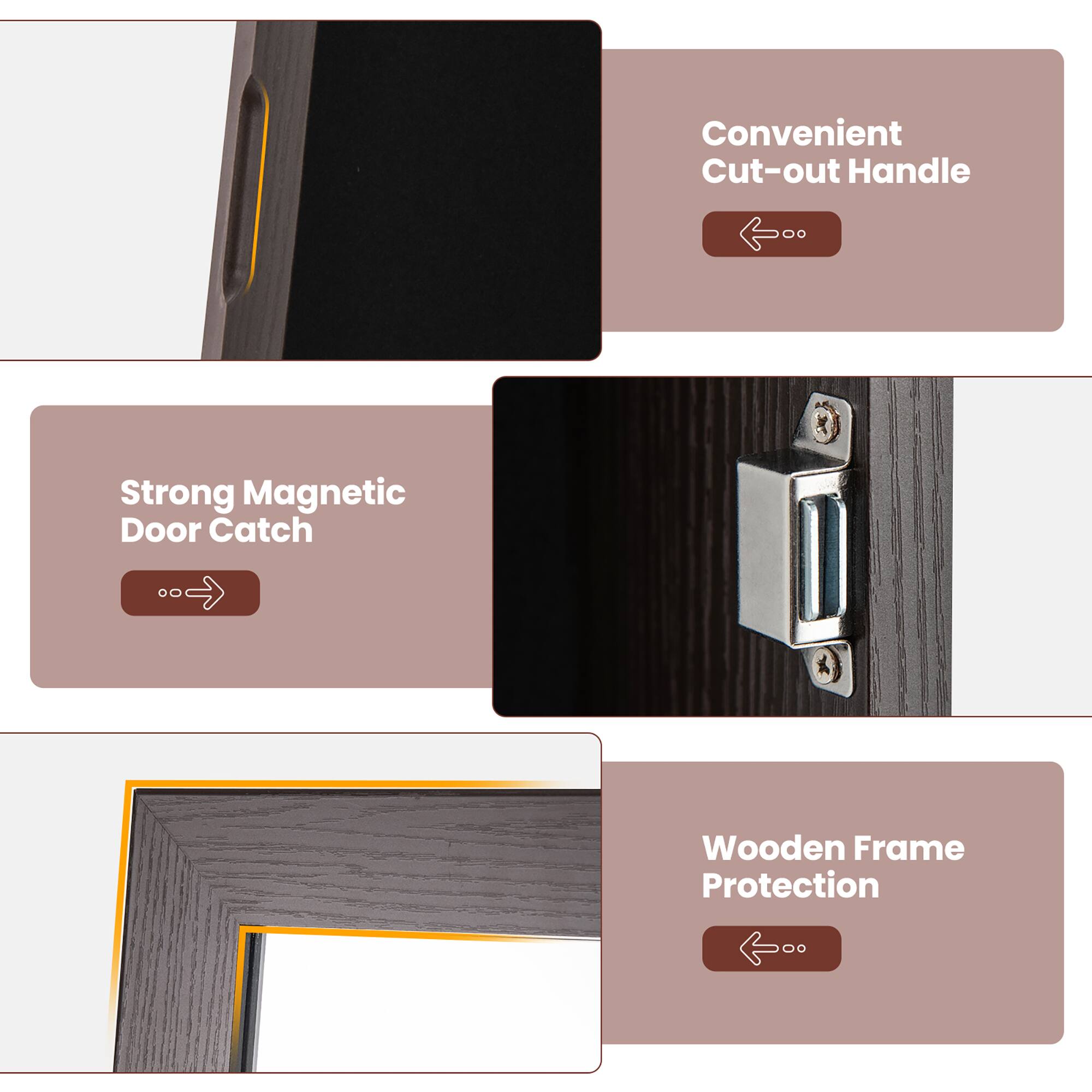 Convenient Cut-out Handle

Strong Magnetic Door Catch

Wooden Frame Protection