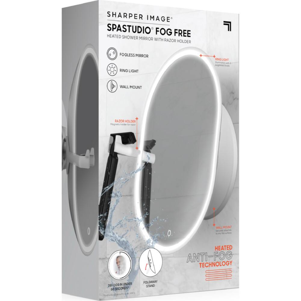 Sharper Image SpaStudio Fog Free Heated Shower Mirror with Razor Holder Fogless Mirror Ring Light Ring Thou nota - srnganen Wall Mount Razor Holder Mognatic nader - m Wall WallMount Secures more an - see HEATED ANTI-FOG TECHNOLOGY DEFOGS IN UNDER 60 SECONDS Foldaway Stand