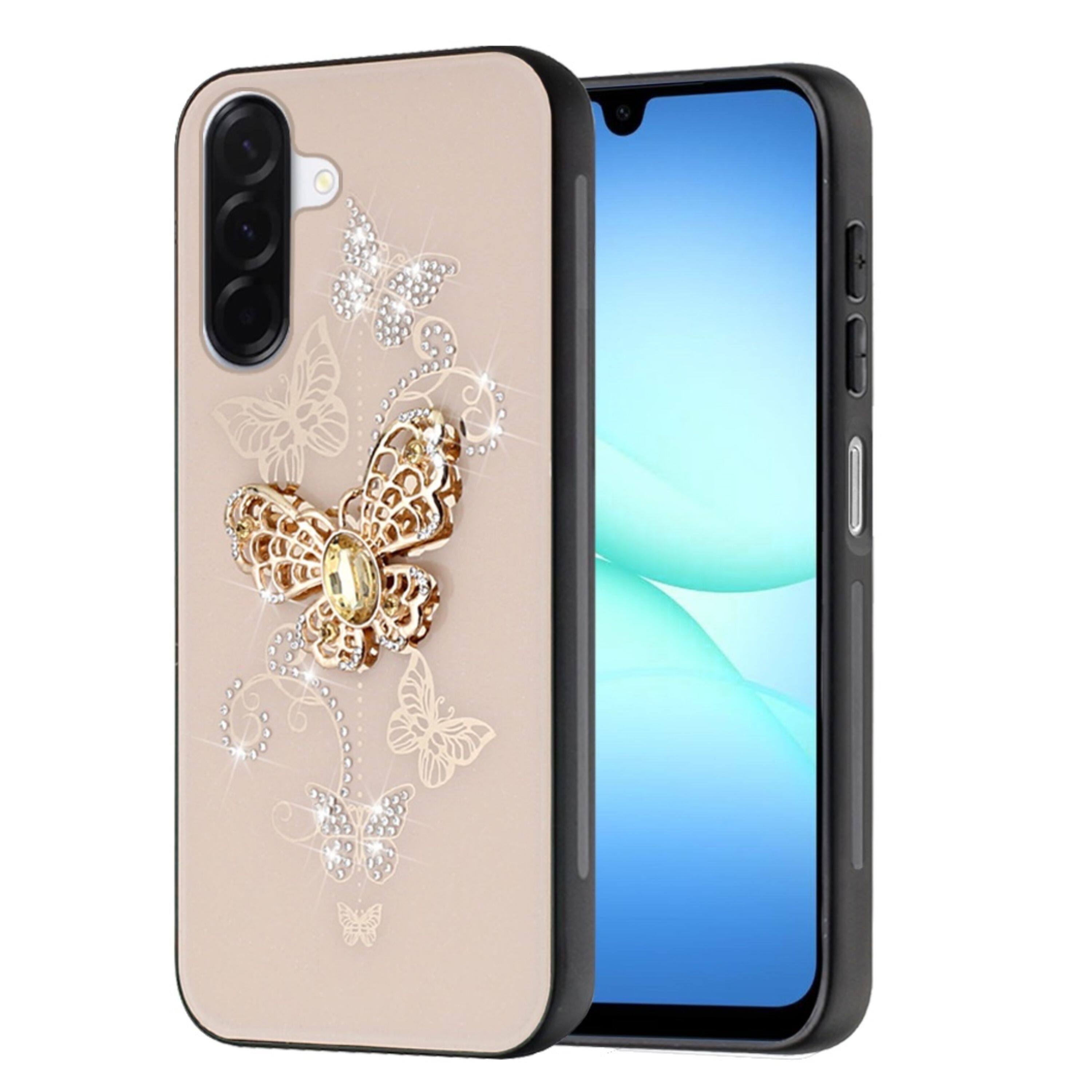 Front. Kitcheniva - Rhinestone Bling Glitter Butterfly Design Phone Case With Tempered Glass For Samsung Galaxy A17 5G Garden Gold - Gold.