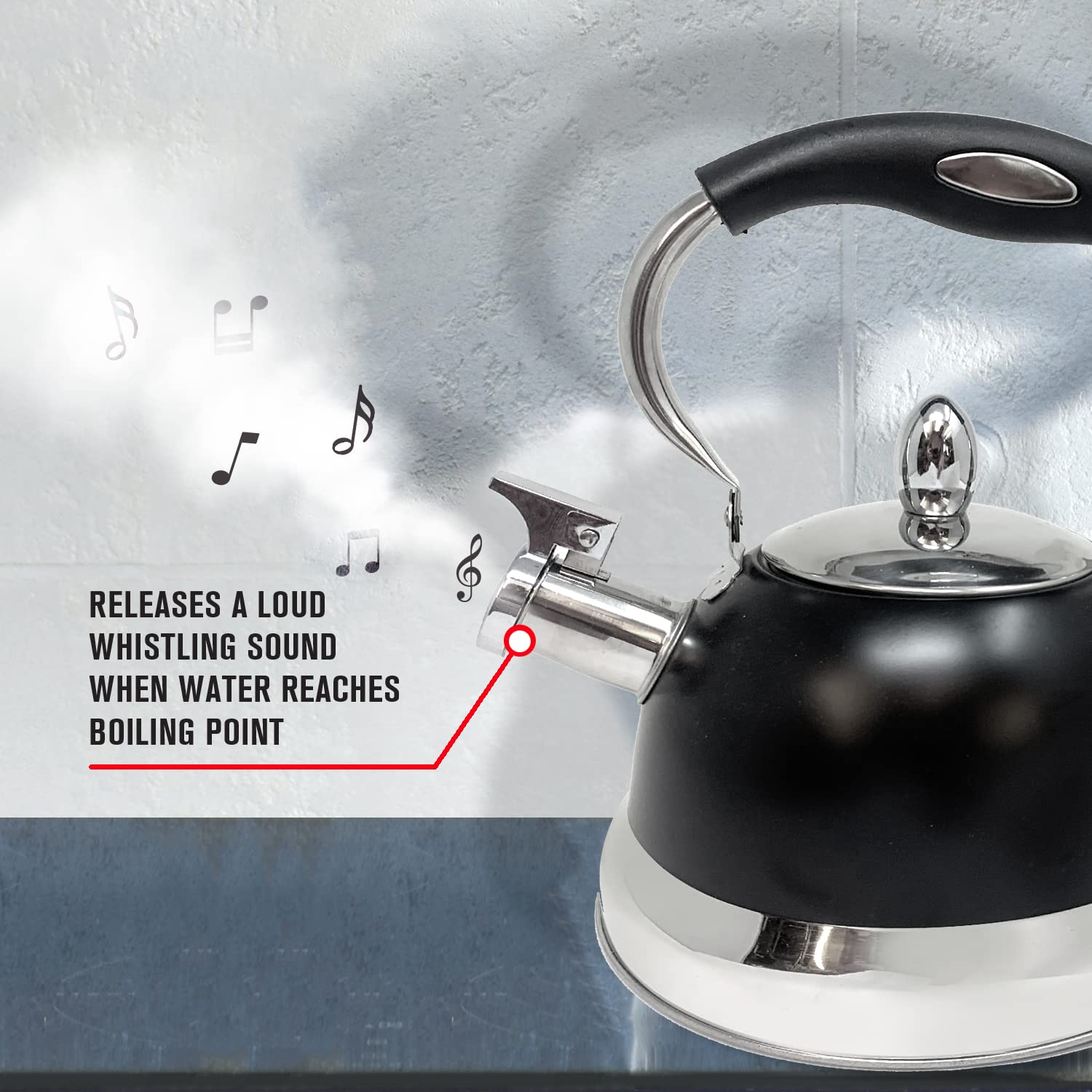 RELEASES A LOUD WHISTLING SOUND WHEN WATER REACHES BOILING POINT