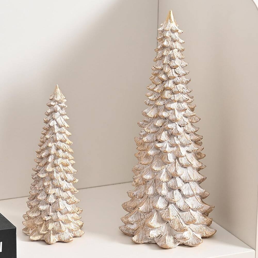 Front. RTMB - “2-Pc Resin Christmas Tree Figurines, White with Gold, Tabletop Decor” - Vintage White.