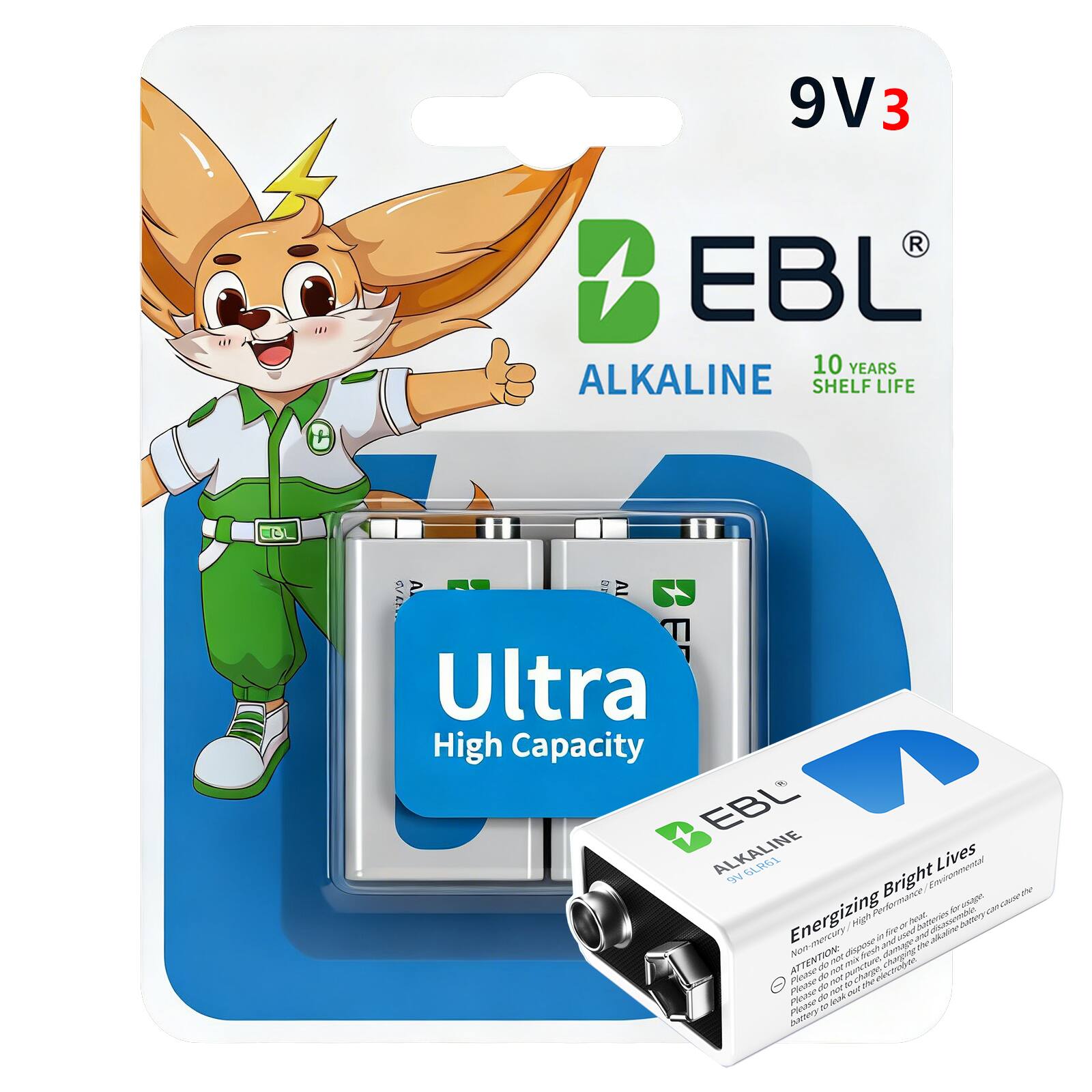 EBL - Ultra High Capacity Energy 9V Batteries Alkaline 9 Volt Battery.