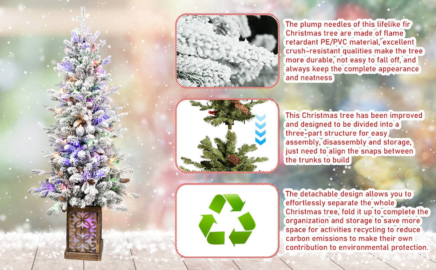 The plump needles of this lifelike fir Christmas tree are made of flame retardant PE/PVC material, excellent crush-resistant qualities make the tree more durable, not easy to fall off, and always keep the complete appearance and neatness.

This Christmas tree has been improved and designed to be divided into a three-part structure for easy assembly, disassembly, and storage, just need to align the snaps between the trunks to build.

The detachable design allows you to effortlessly separate the whole Christmas tree, fold it up to complete the organization and storage to save more space for activities recycling to reduce carbon emissions to make their own contribution to environmental protection.