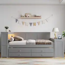 Anysun - Full Size Space‑Saving Multifunctional Bed with Trundle, Charging Station & LED Light, Solid Pine Wood Construction - Gray
