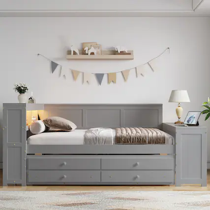 Front. Anysun - Full Size Space‑Saving Multifunctional Bed with Trundle, Charging Station & LED Light, Solid Pine Wood Construction - Grey.