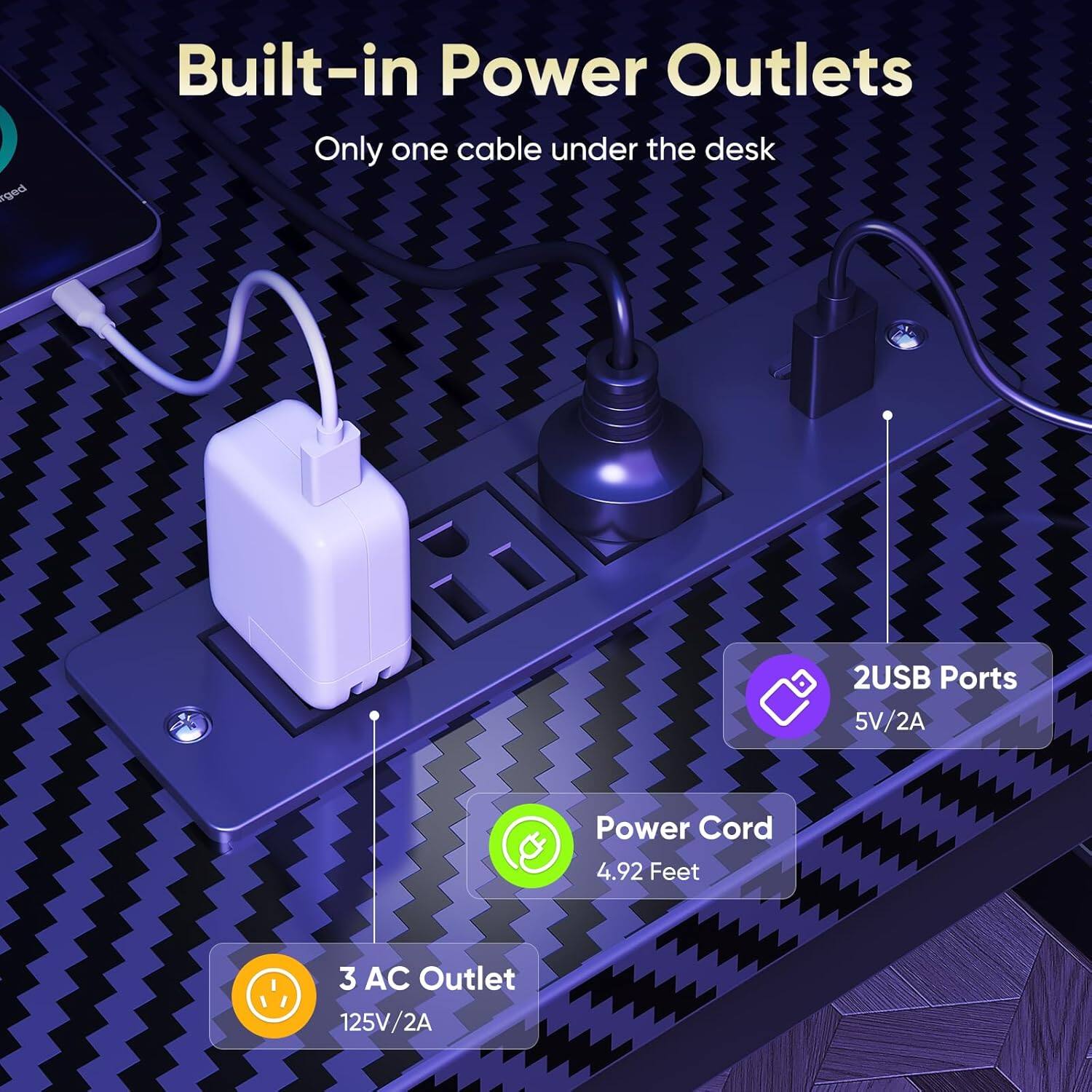 Built-in Power Outlets  
Only one cable under the desk  

2 USB Ports  
5V/2A  

Power Cord  
4.92 Feet  

3 AC Outlet  
125V/2A
