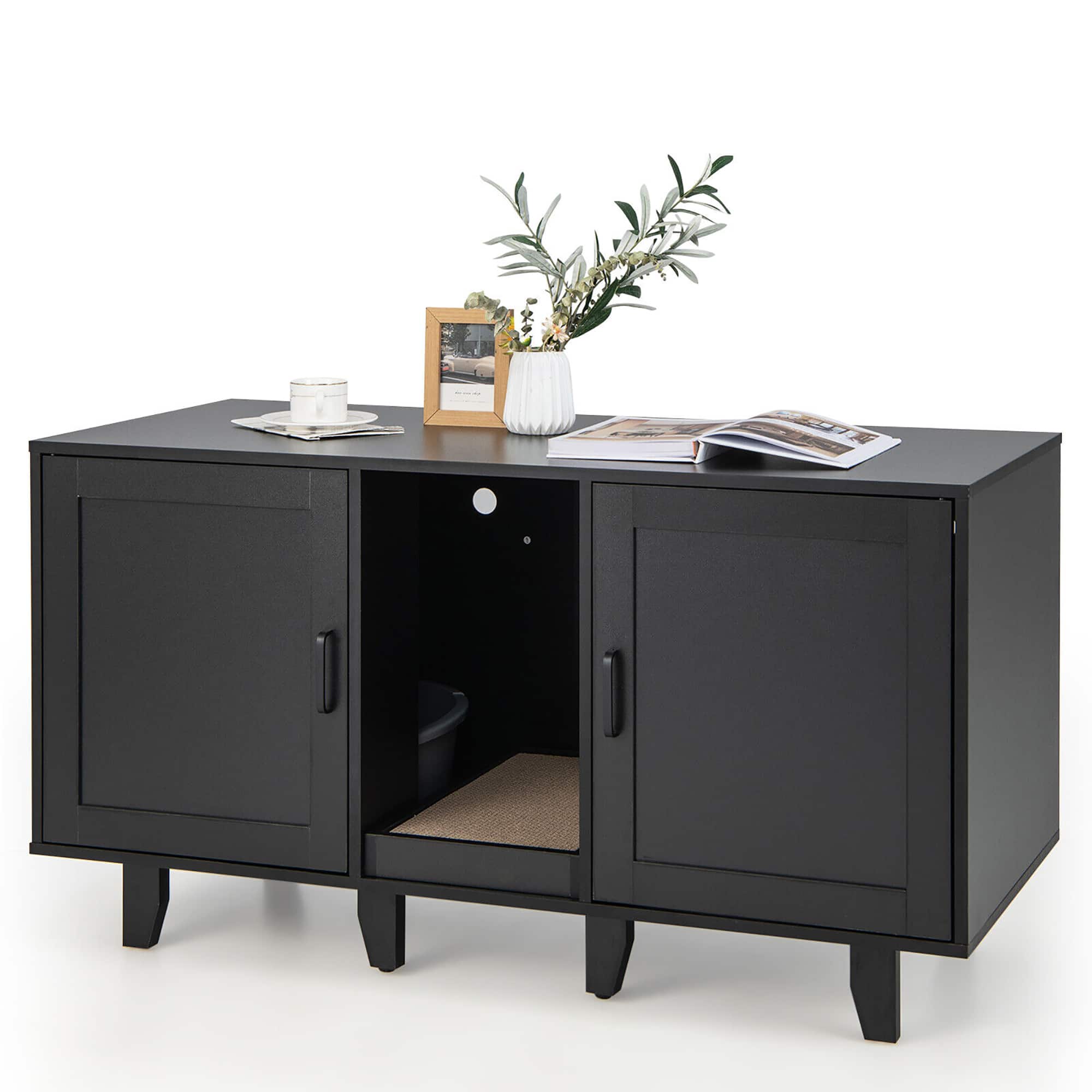 Gymax - Cat Litter Box Enclosure TV Stand Cabinet Hidden Cat House Washroom W/ 2 Doors - Black