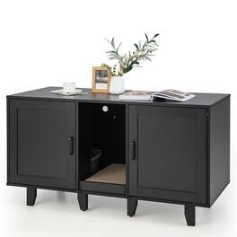 Gymax - Cat Litter Box Enclosure TV Stand Cabinet Hidden Cat House Washroom W/ 2 Doors - Black