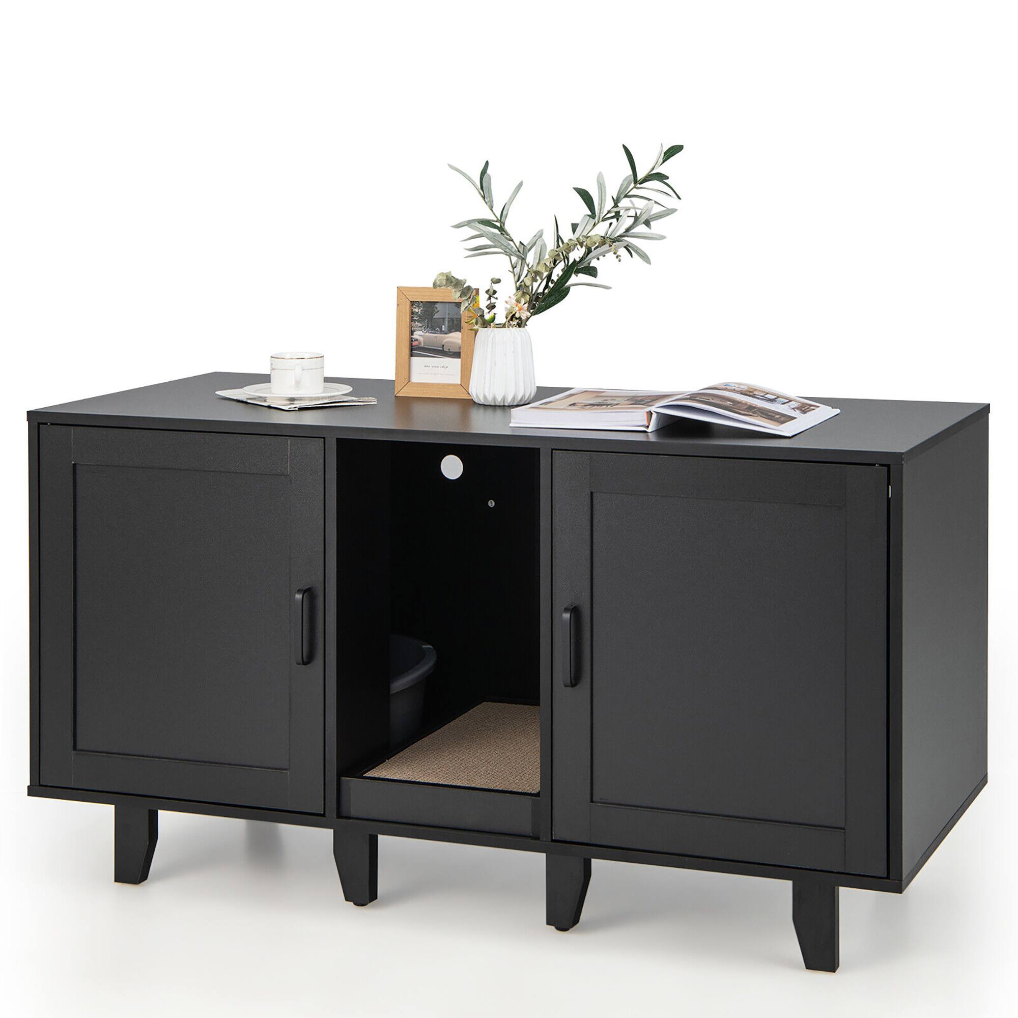 Front. Gymax - Gymax Cat Litter Box Enclosure TV Stand Cabinet Hidden Cat House Washroom W/ 2 Doors - Black.