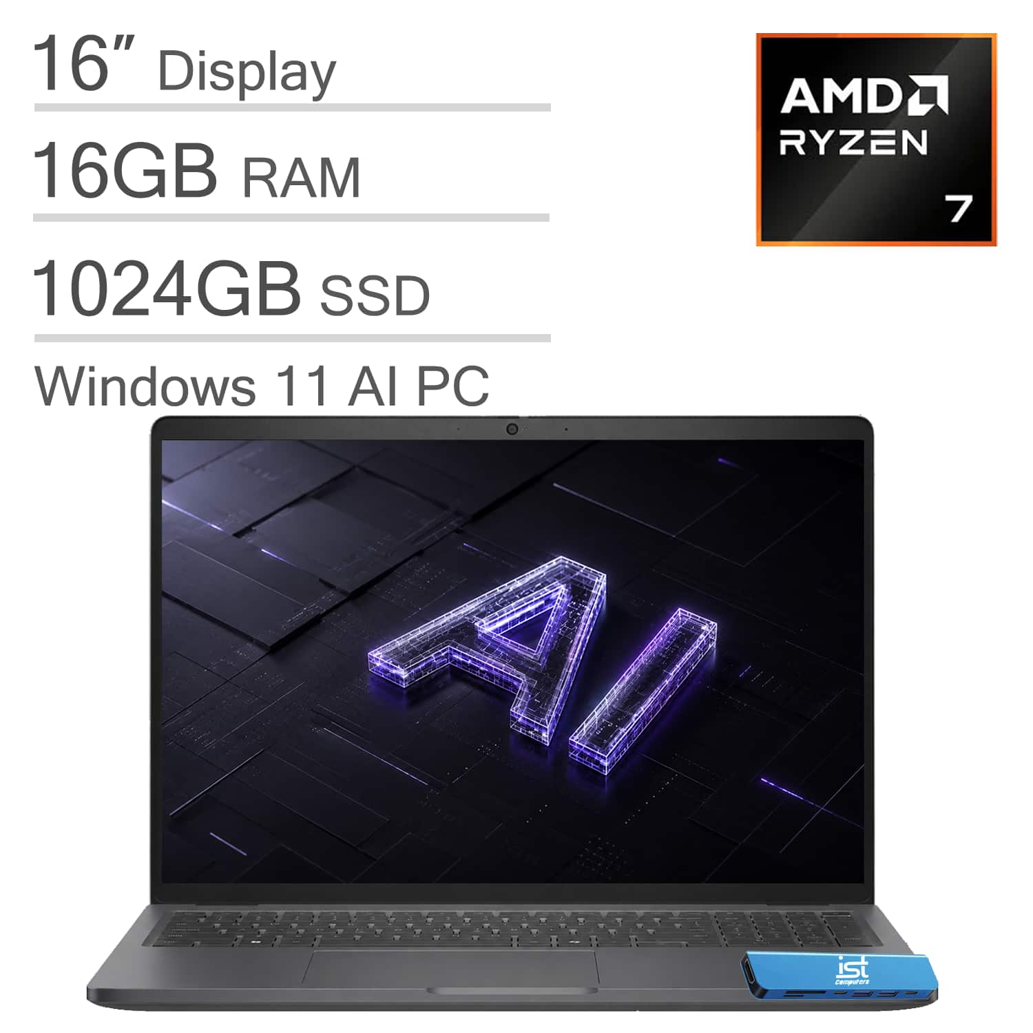Dell - Upgraded - Pro 16 Plus PB16255 16" FHD+ Business Laptop - AI PC - AMD Ryzen 7 PRO 250 - 16GB RAM - 1TB SSD - Wi-Fi 7 - Win11Pro - Magnetite