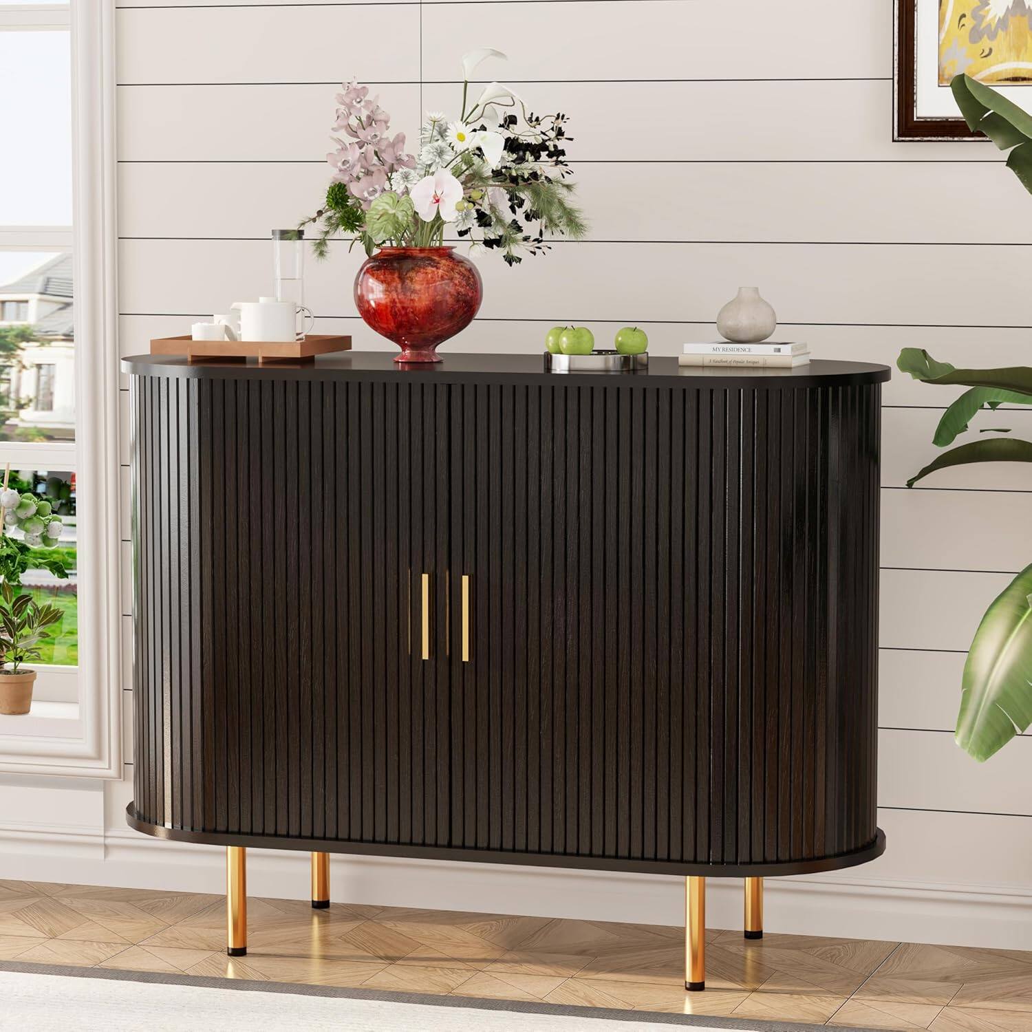 Alt View 4. Tiramisubest - 40 Inch Storage Cabinet,Fluted Sideboard Buffet Cabinet with Tambour Sliding Doors & Adjustable Shelf (Black) - Black.