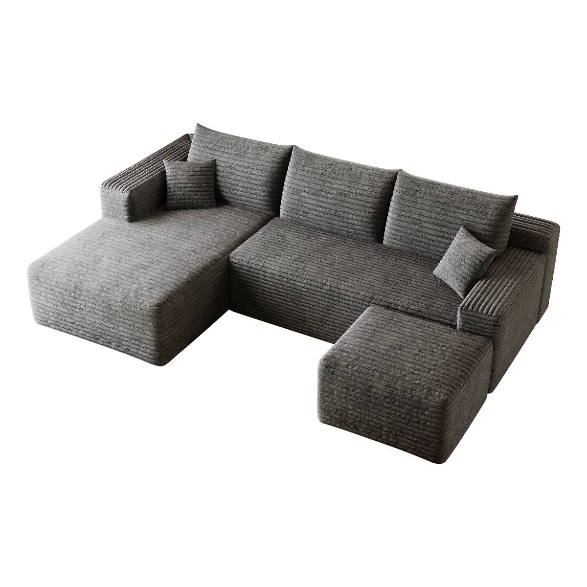 Alt View 8. Ropilly - Ropilly 95 Inch U Shaped Sectional Sofa with Ottoman, Modern Minimalist Dark Grey Corduroy Couch - Dark Grey.