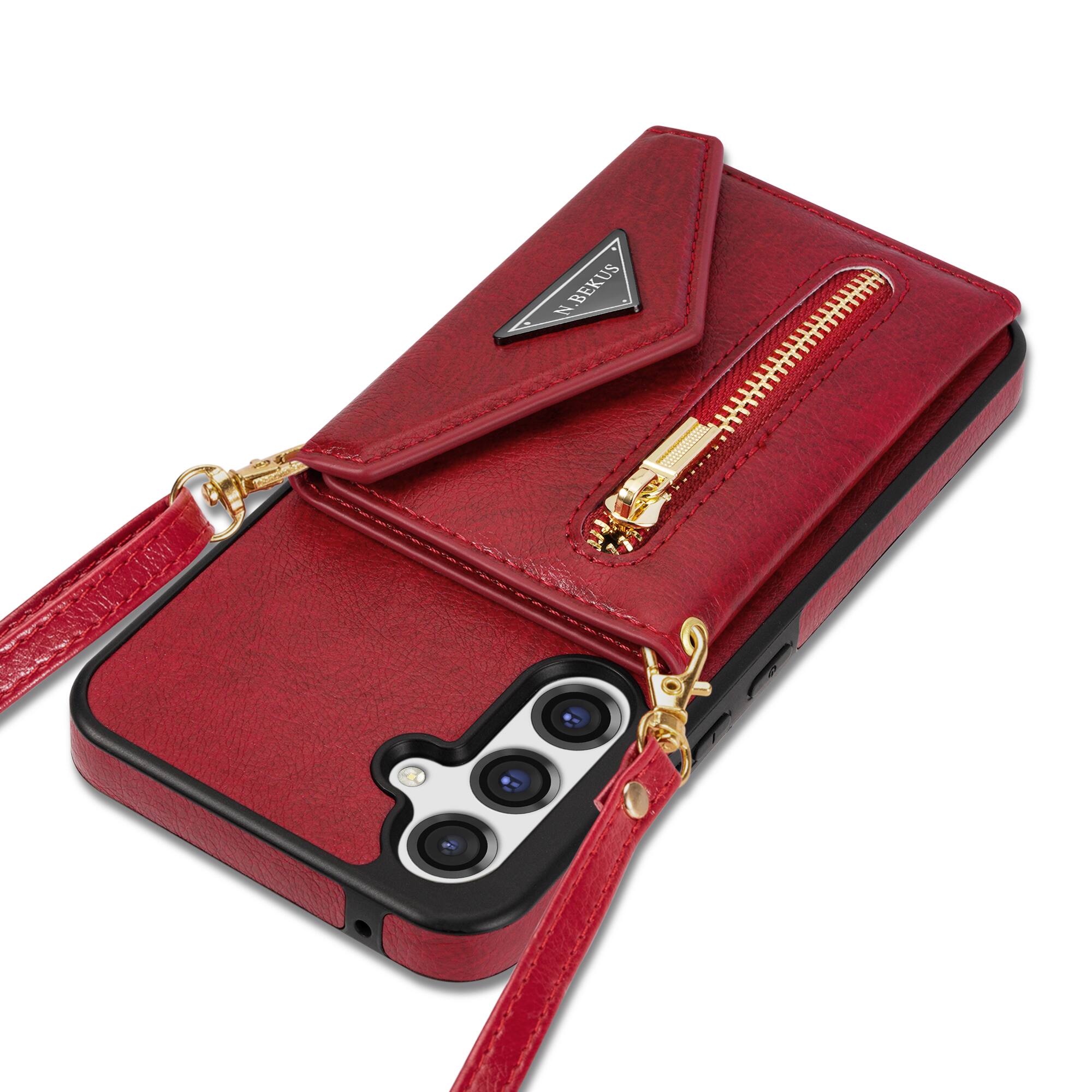 Alt View 5. Dteck - Crossbody Wallet Case for Samsung Galaxy S26+, Shockproof PU Leather Stand Cover with Zipper Pocket and Card Slots - Red.