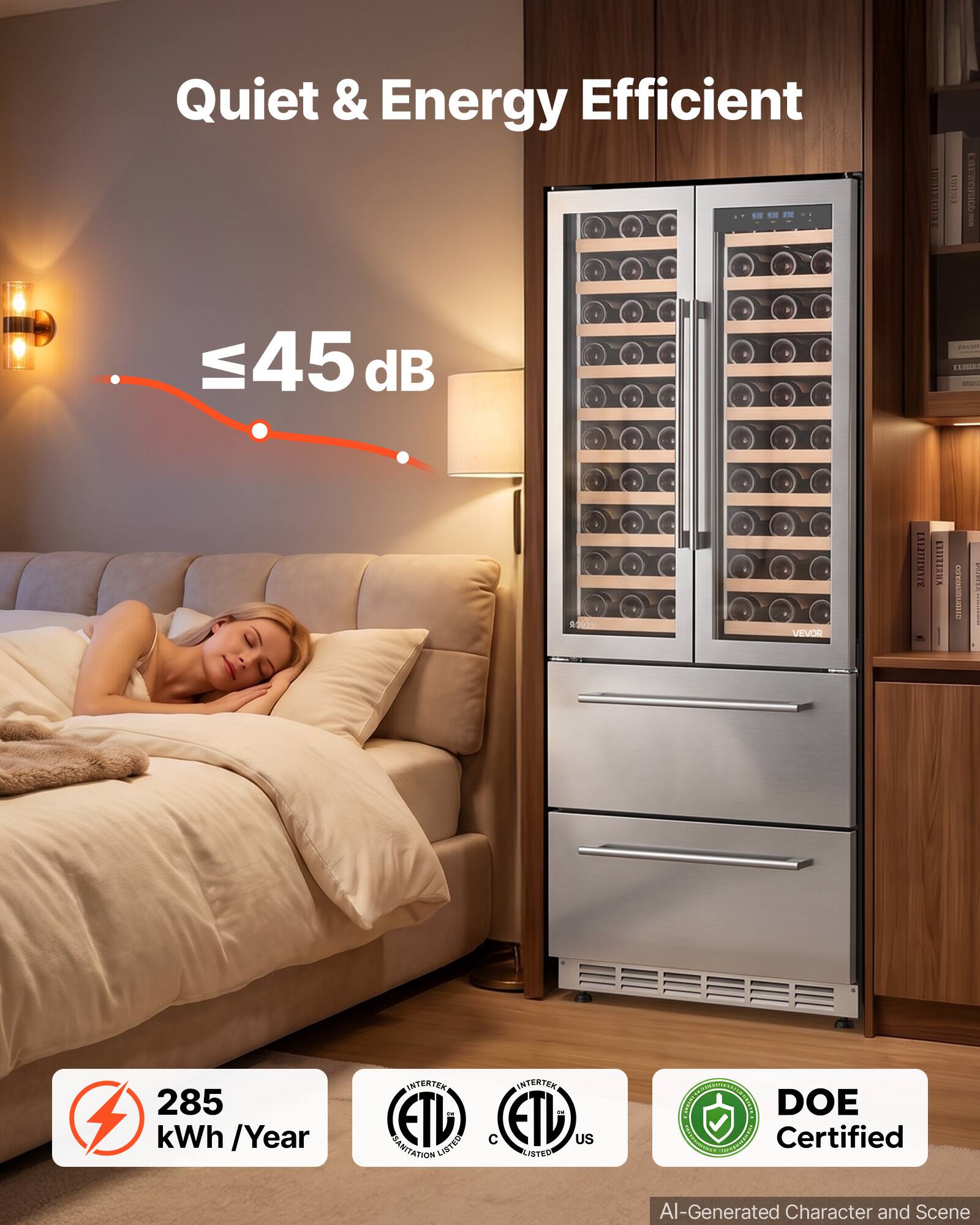 Quiet & Energy Efficient

≤45 dB

285 kWh / Year

INTERTEK - ETL LISTED SANITATION

INTERTEK the C EIL US LISTED

DOE Certified

AI-Generated Character and Scene