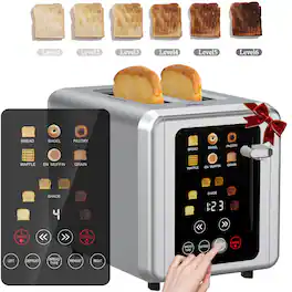 WHALL - 2-Slice Touchscreen Toaster: Stainless Steel with Digital Timer,Sound, 6 Bread Types, 6 Shade Settings, Extra Wide - Silver