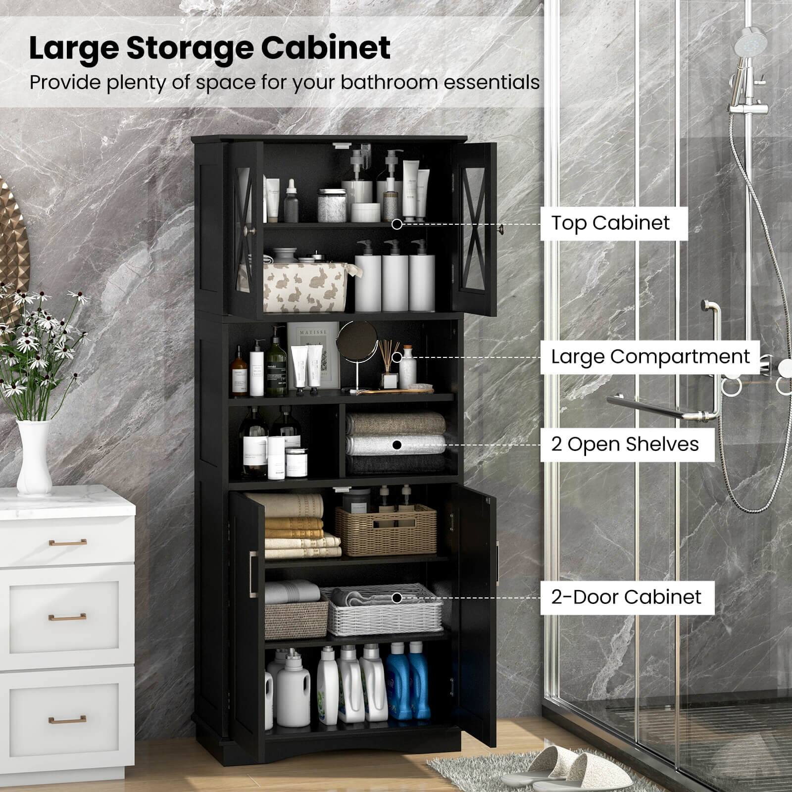 Large Storage Cabinet: Provide plenty of space for your bathroom essentials. Top Cabinet: Large Compartment. 2 Open Shelves. 2-Door Cabinet.