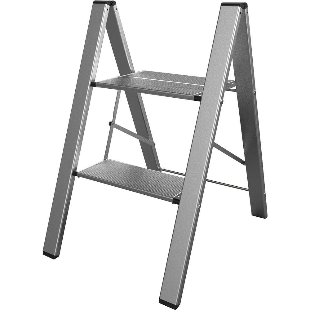 Front. AmeriHome - Ultra Slim Aluminum Two Step Folding Utility Step Ladder - Silver.