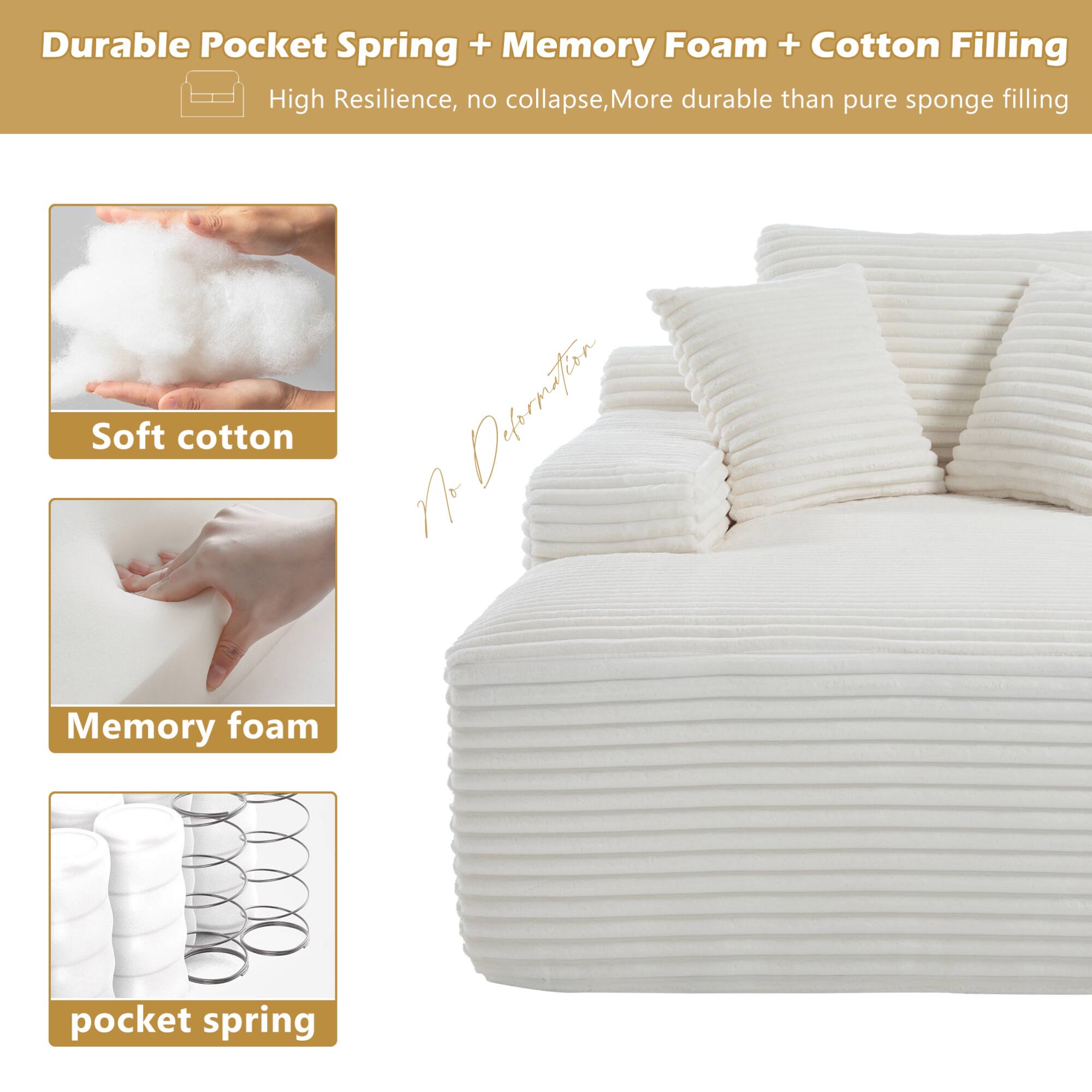 Durable Pocket Spring + Memory Foam + Cotton Filling

High Resilience, no collapse, More durable than pure sponge filling

Soft cotton

Memory foam

pocket spring