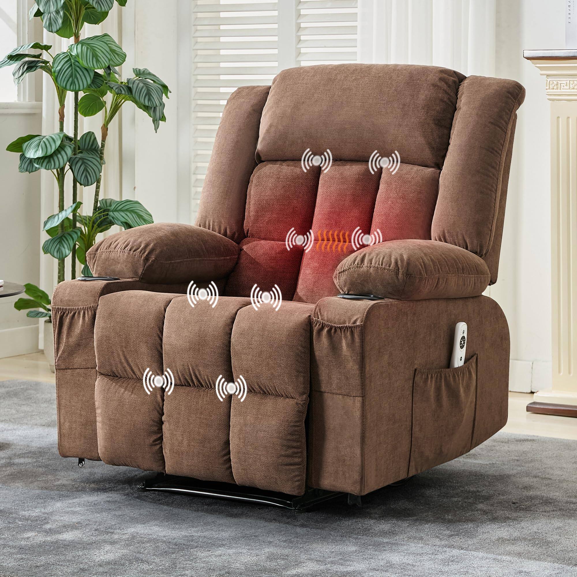 Jojoka - 37.4" Oversize Manual Recliner Chair with Heat Massage, Rocking Chair with Cup Holders, Side Pockets - Brown