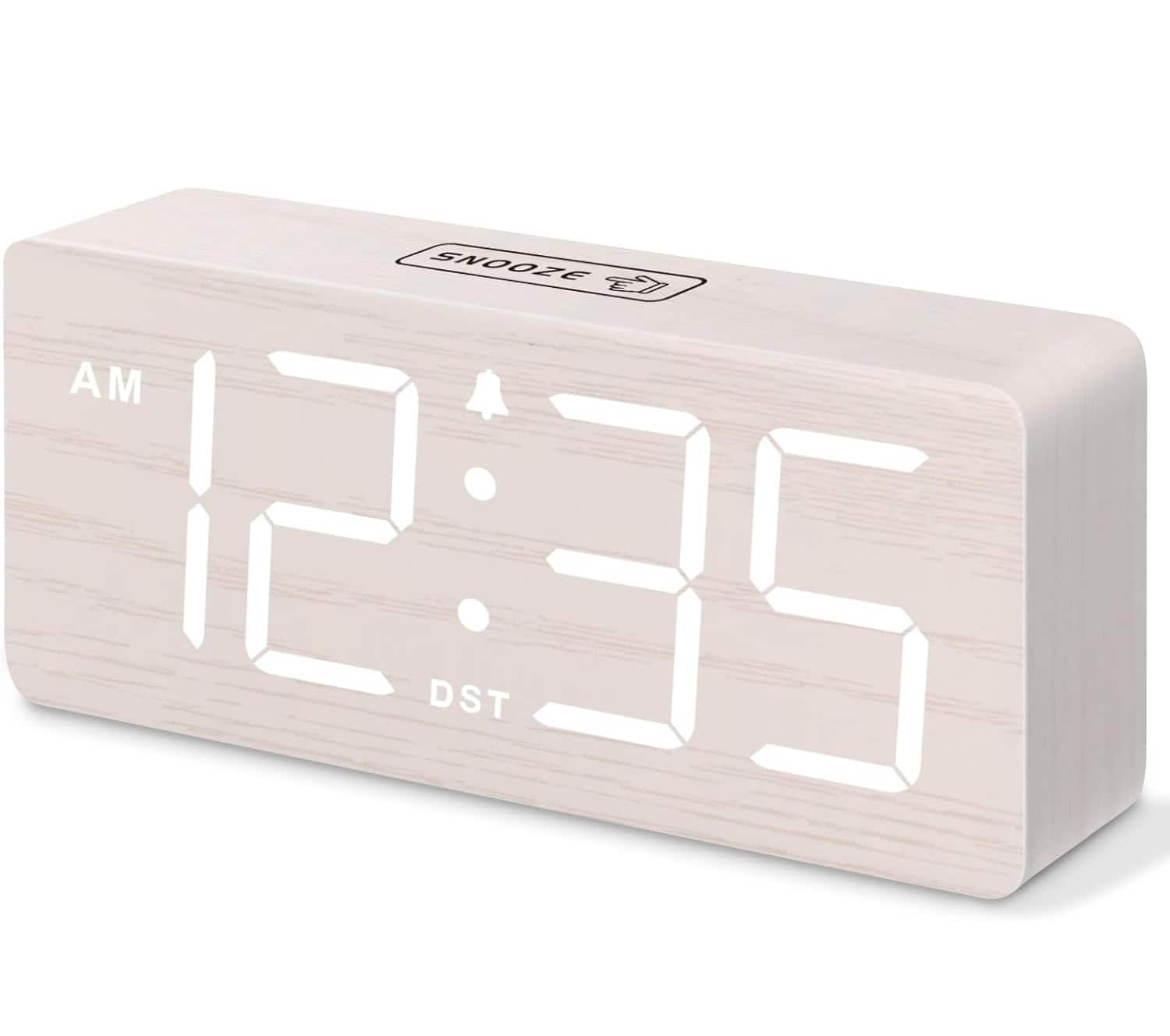 FINEAK - Wooden Digital Alarm Clock-Large Display, Loud Alarm, Stylish Decor - White (Plug-in)