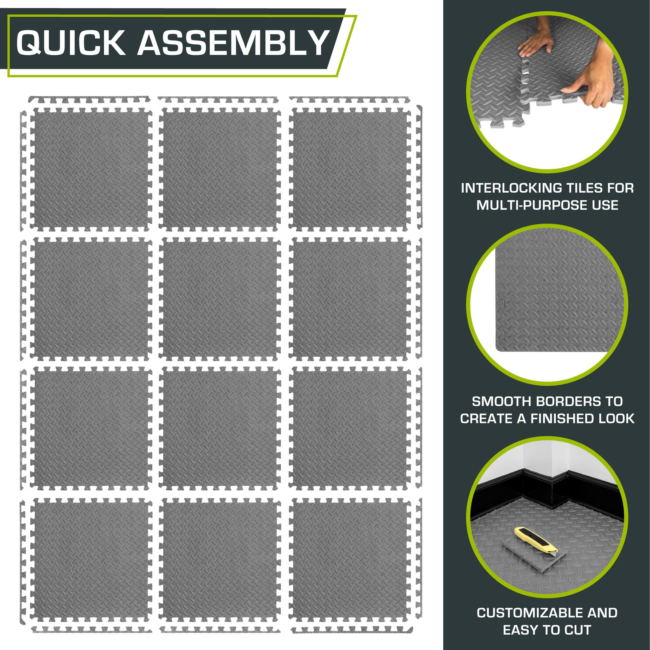 Quick Assembly Interlocking Tiles for Multi-Purpose Use. Smooth Borders to Create a Finished Look. Customizable and Easy to Cut.