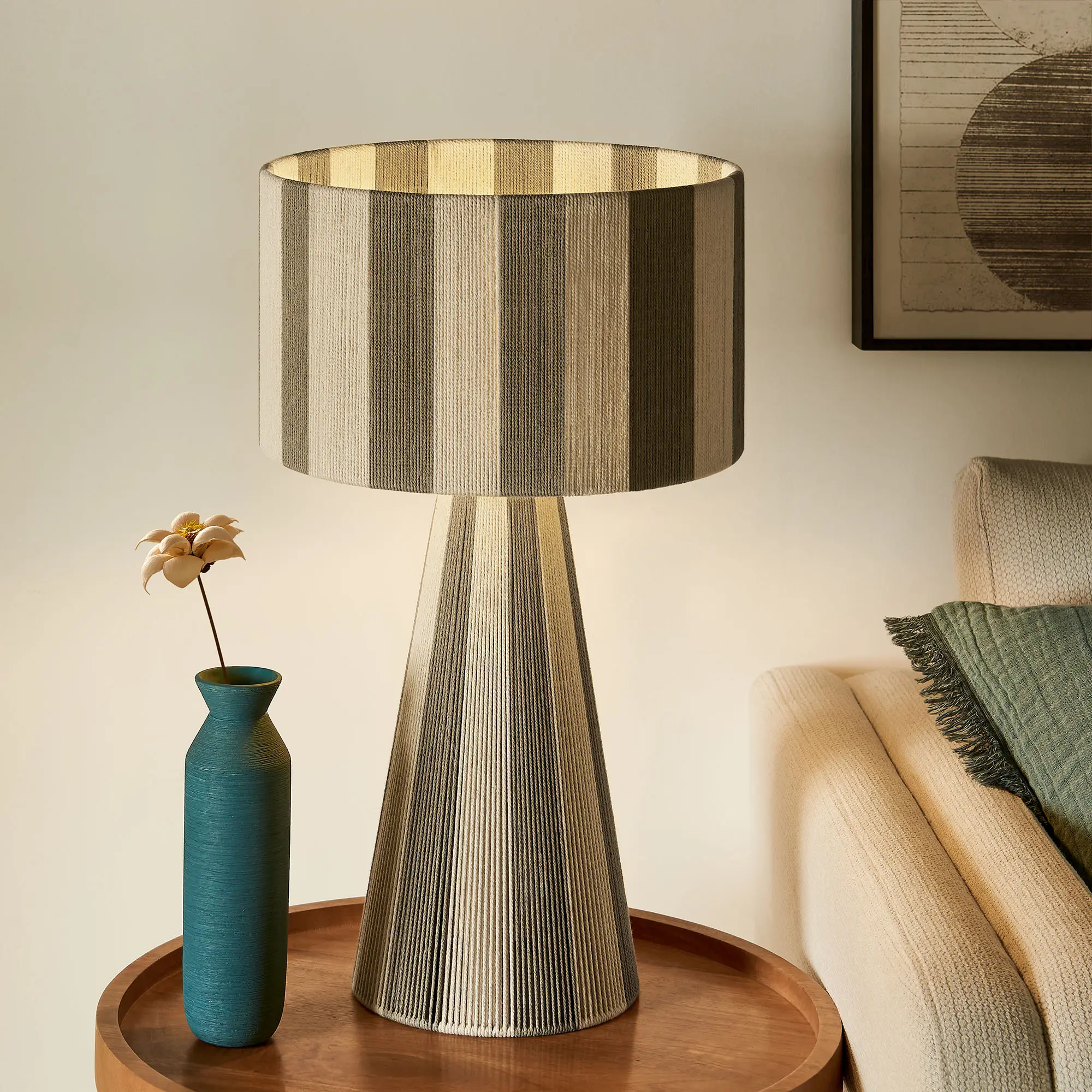 Alt View 1. Modway - Renae Handwoven Cotton Thread Striped Table Lamp by Modway - Cobblestone.