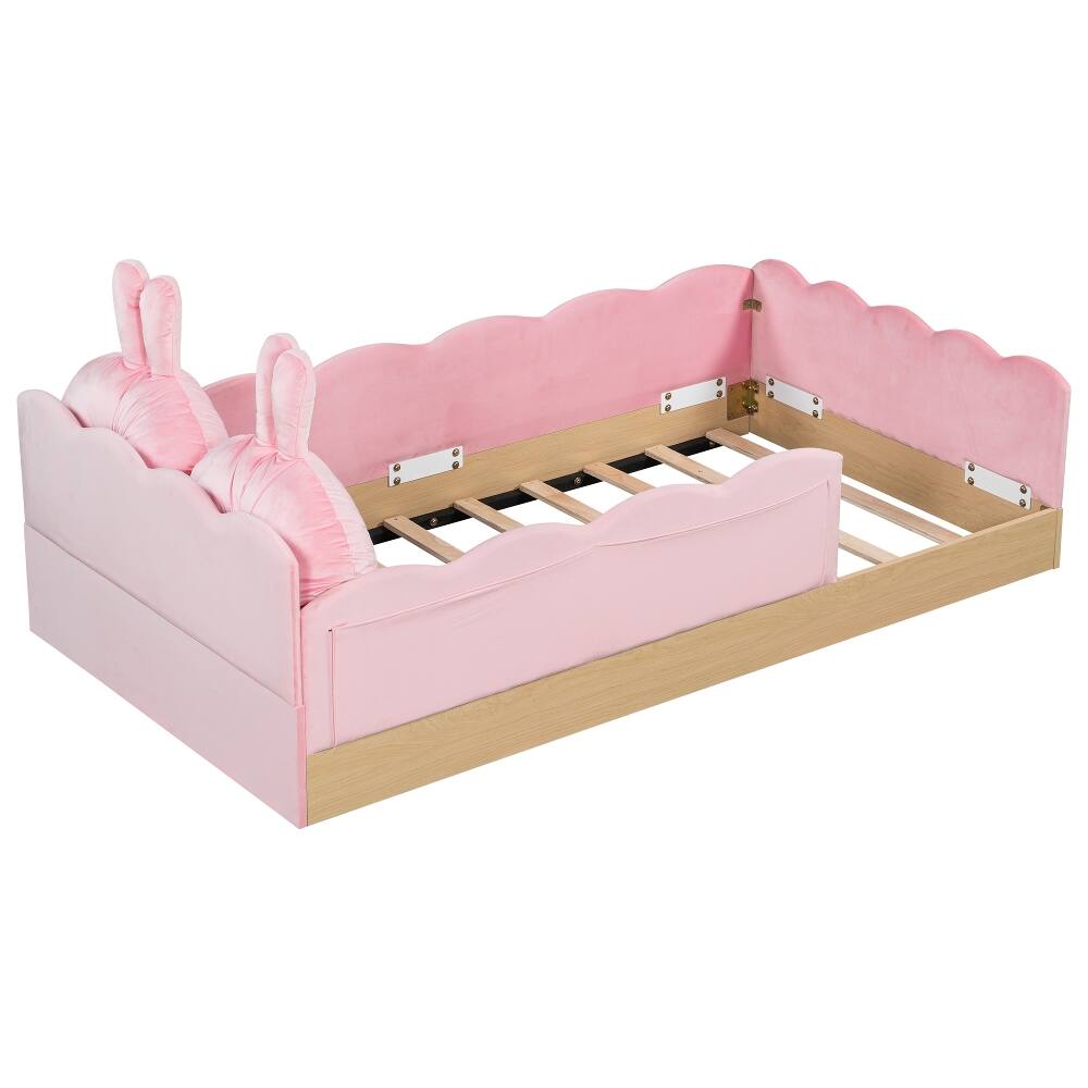 Alt View 7. Loheer - Loheer Twin Upholstered Platform Bed Pink Velvet Kids Bed - Pink.