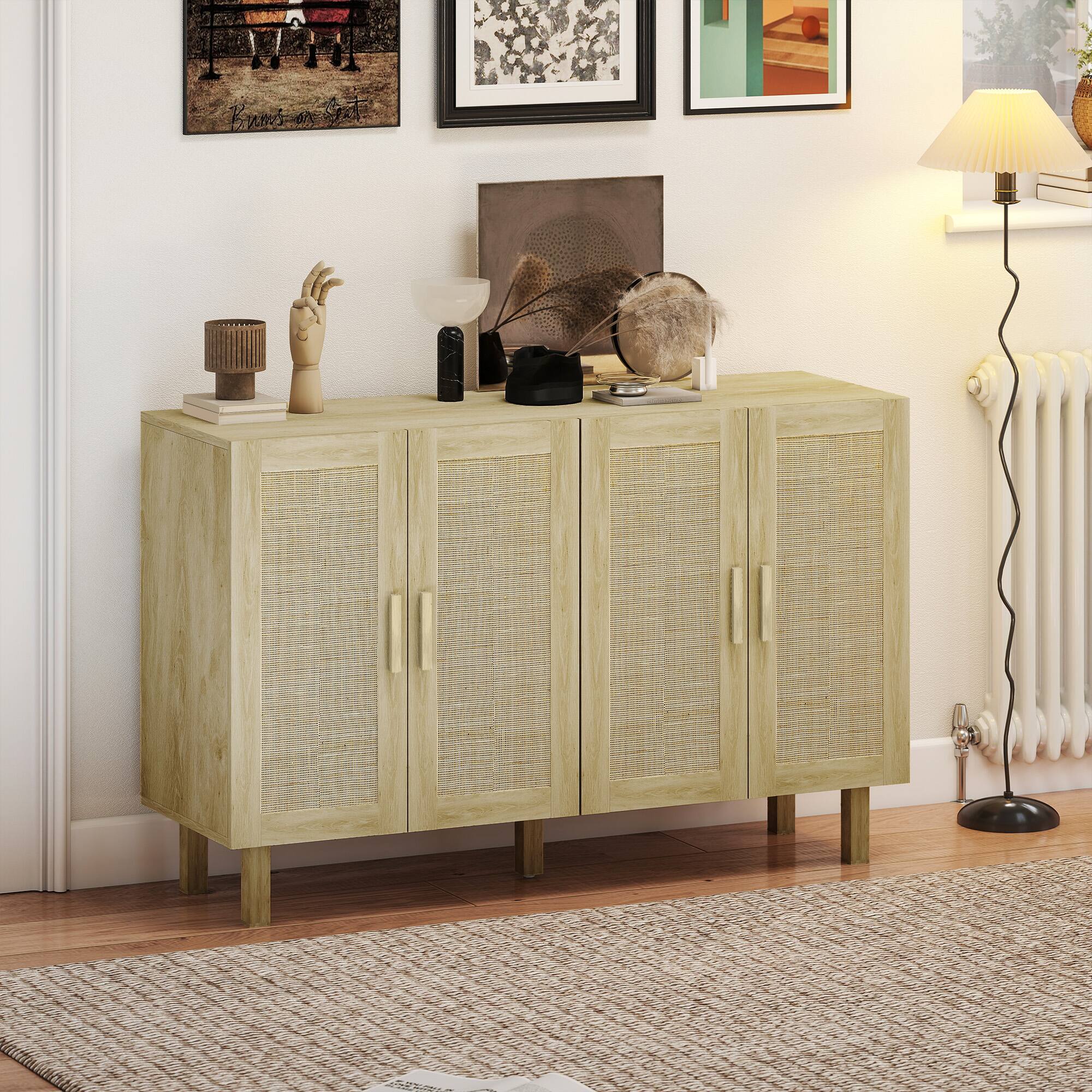 Angle. Homcom - Boho Sideboard Buffet Cabinet, Coffee Bar Cabinet with 4 Rattan Doors and Adjustable Shelves for Kitchen, Living Room - Natural Wood.